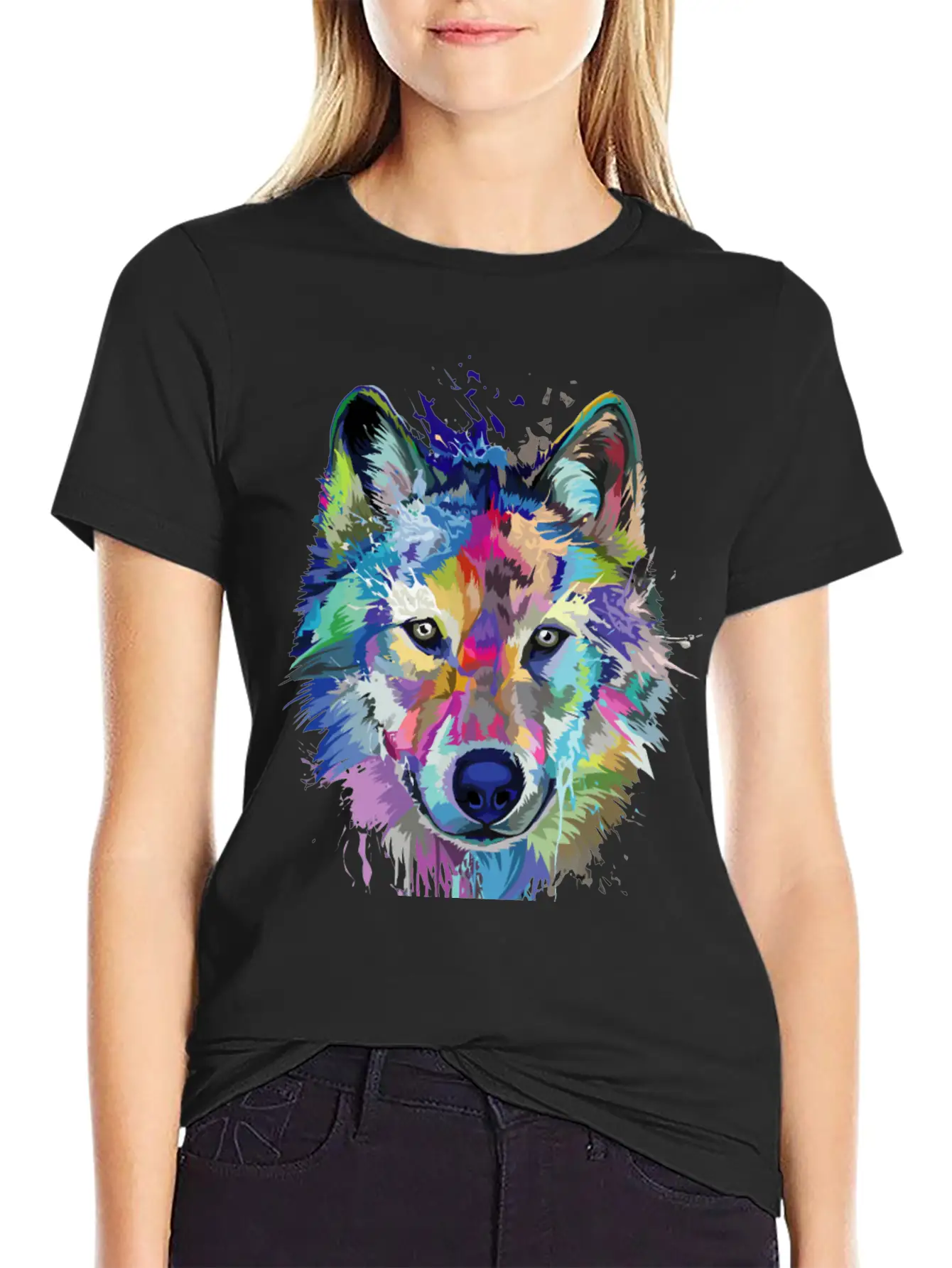 Wolf Splash Colorful Wolf Head Art Face Unisex Casual T-Shirt – Clean Design For Daily Comfort
