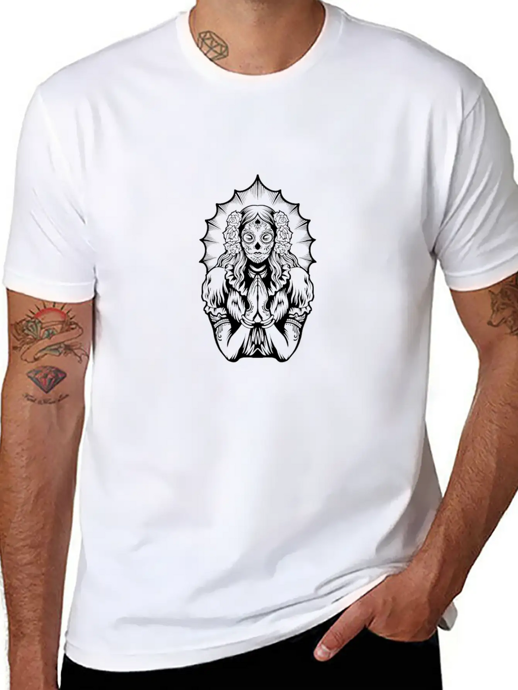 Woman Dia De Los Muertos Mexican Woman Praying Breathable Soft Cotton T-Shirt – Timeless Casual Look
