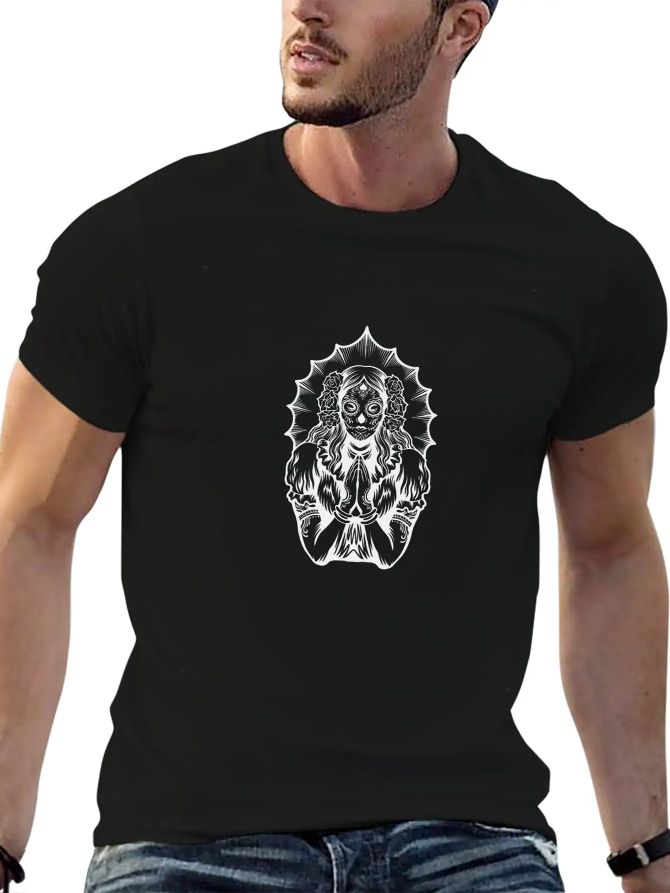 Woman Dia De Los Muertos Mexican Woman Praying Breathable Soft Cotton T-Shirt – Timeless Casual Look