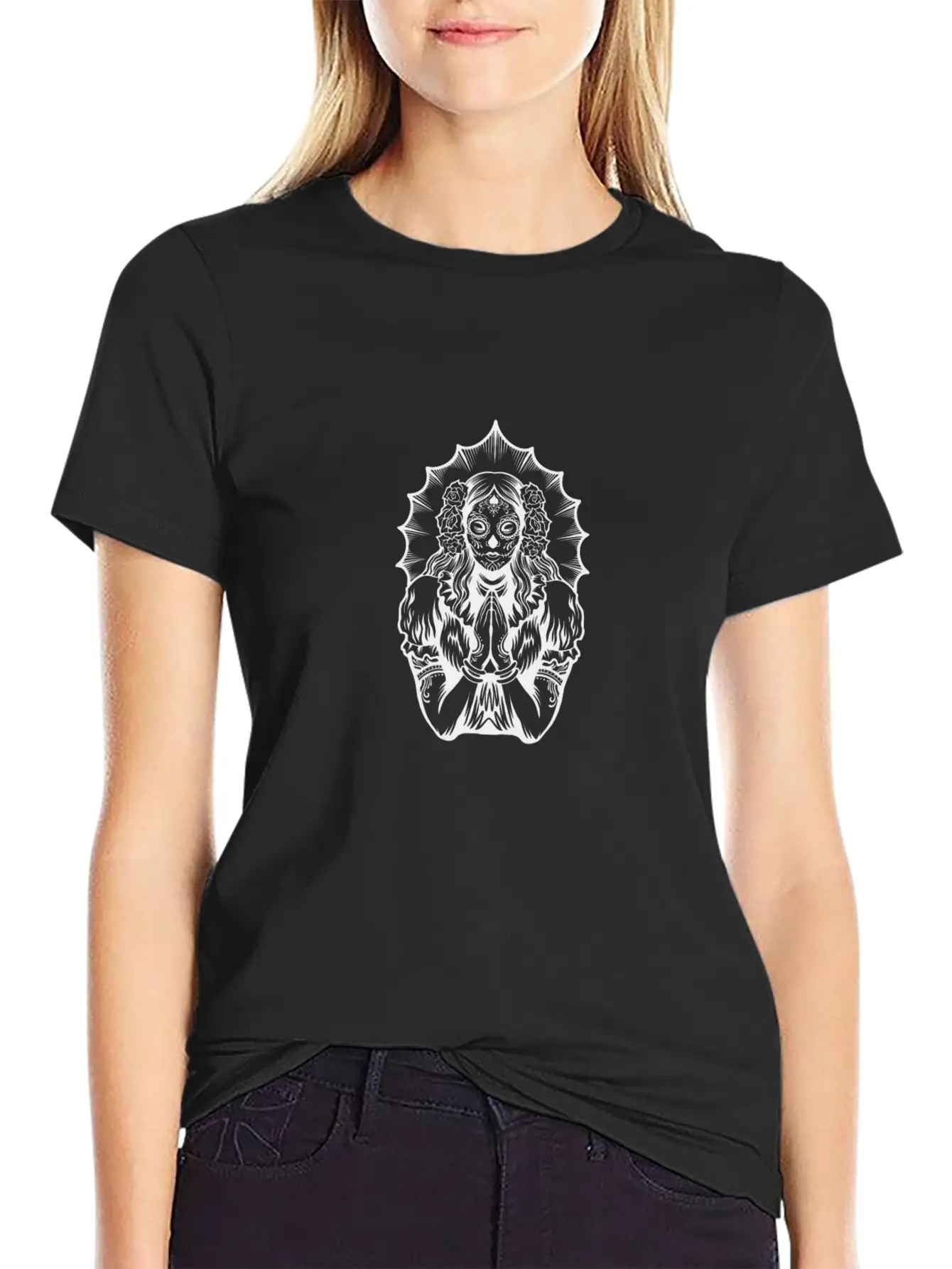 Woman Dia De Los Muertos Mexican Woman Praying Breathable Soft Cotton T-Shirt – Timeless Casual Look