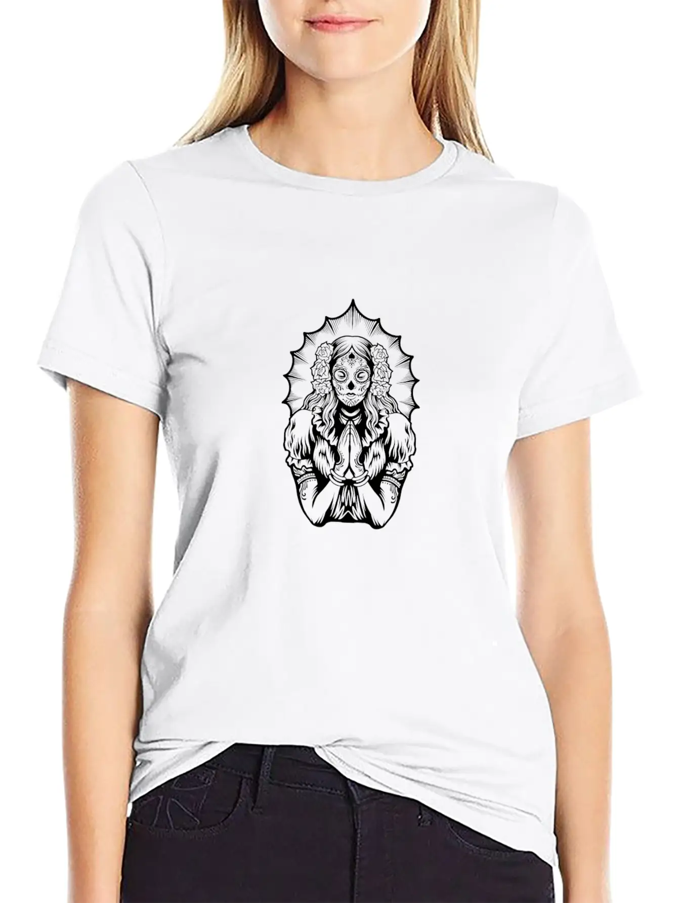 Woman Dia De Los Muertos Mexican Woman Praying Breathable Soft Cotton T-Shirt – Timeless Casual Look