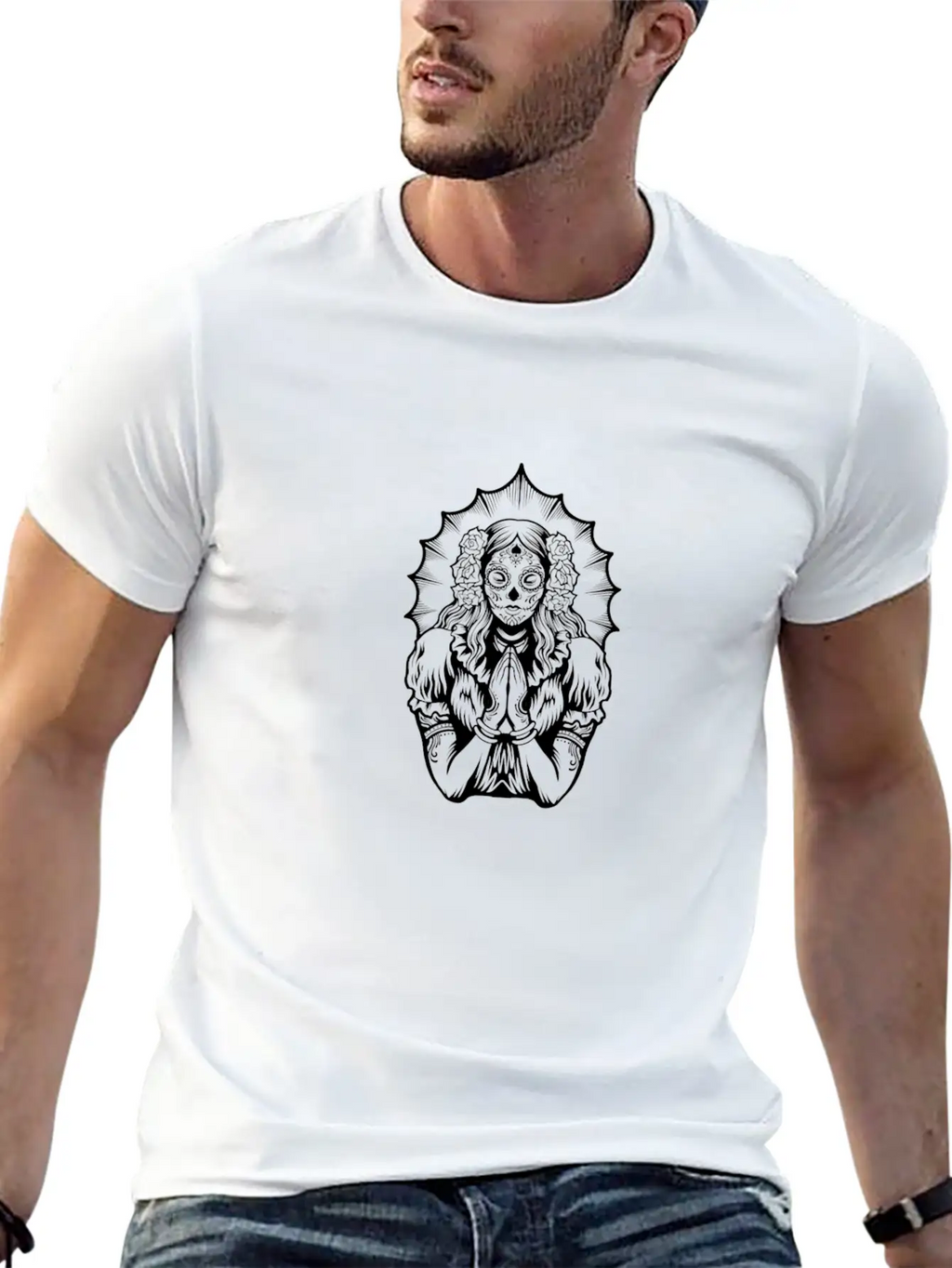Woman Dia De Los Muertos Mexican Woman Praying Breathable Soft Cotton T-Shirt – Timeless Casual Look