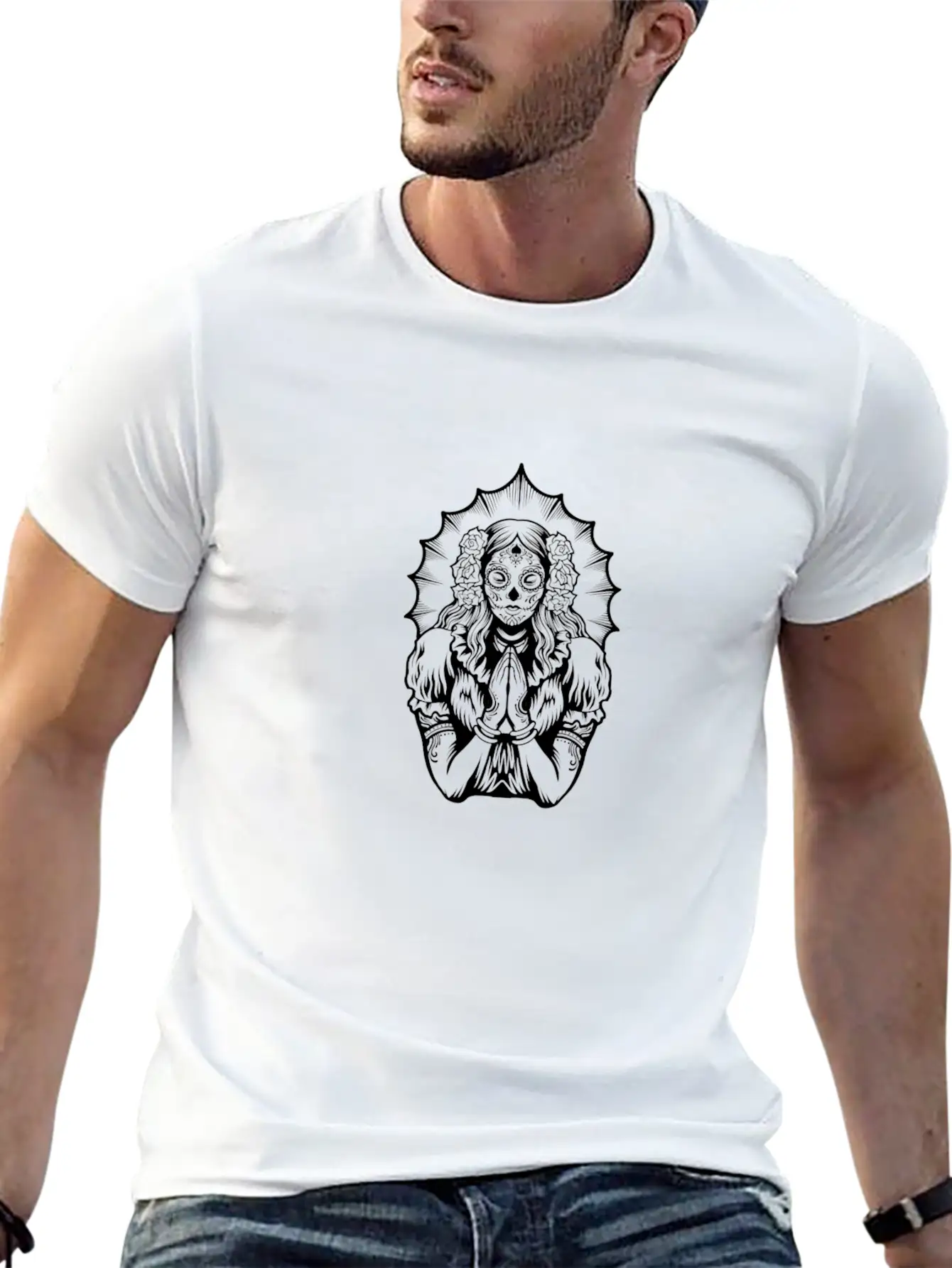 Woman Dia De Los Muertos Mexican Woman Praying Breathable Soft Cotton T-Shirt – Timeless Casual Look