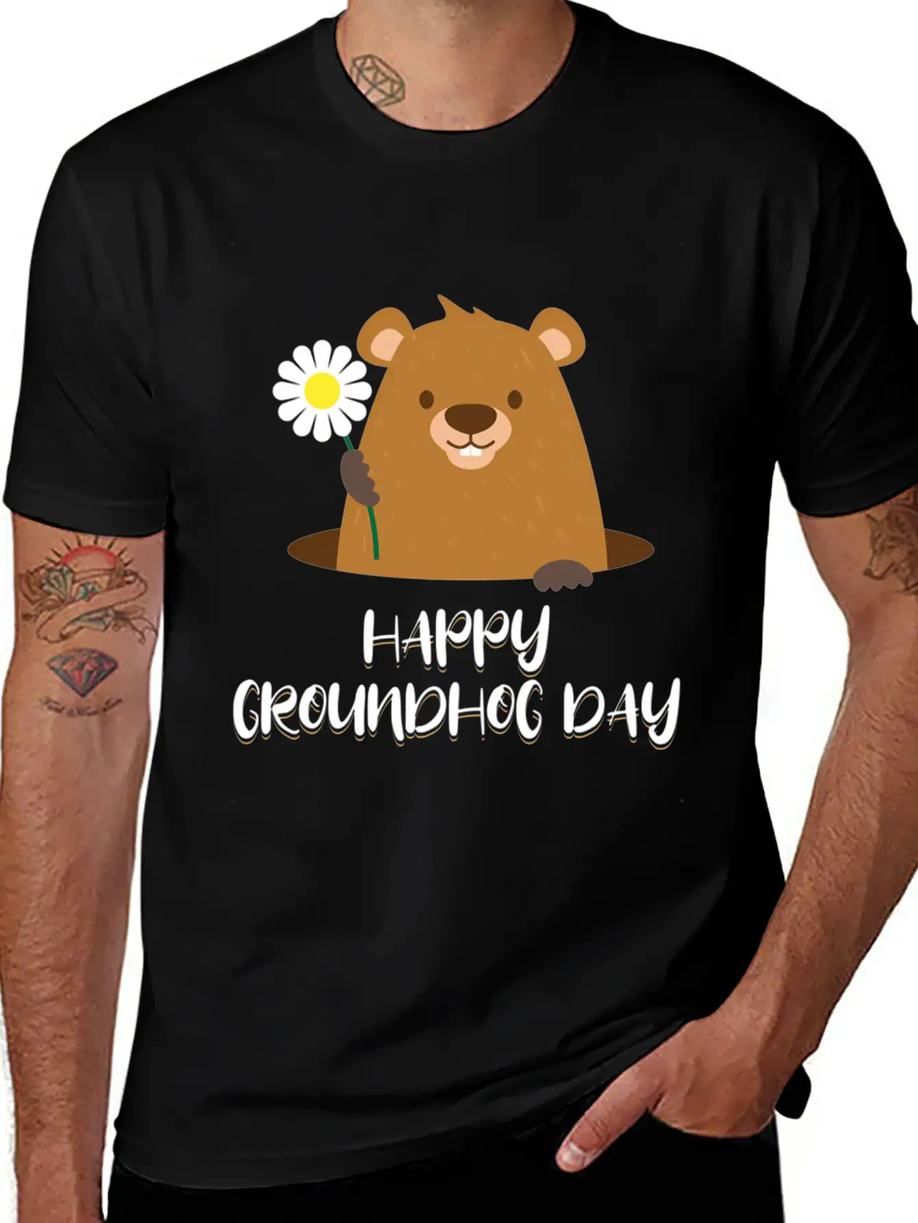 Woodchuck With Flower Happy Groundhog Day Unisex Casual T-Shirt – Clean Design For Daily Comfort