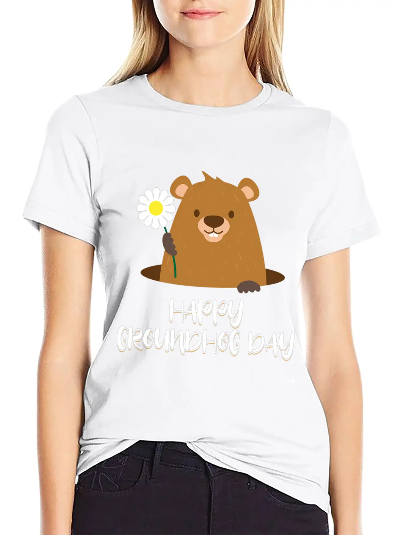 Woodchuck With Flower Happy Groundhog Day Unisex Casual T-Shirt – Clean Design For Daily Comfort