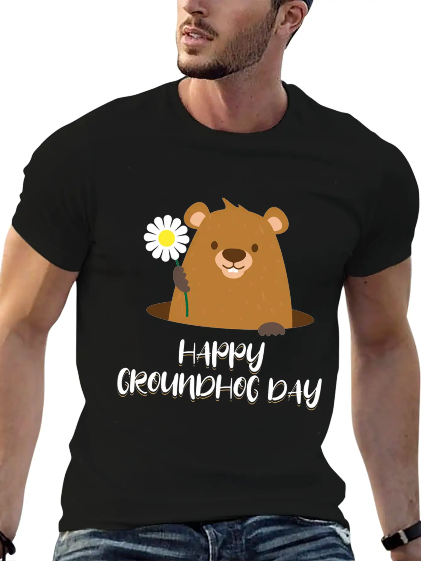 Woodchuck With Flower Happy Groundhog Day Unisex Casual T-Shirt – Clean Design For Daily Comfort