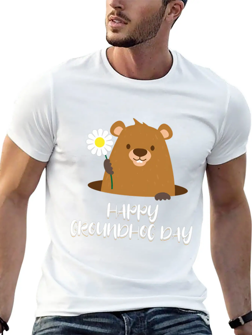 Woodchuck With Flower Happy Groundhog Day Unisex Casual T-Shirt – Clean Design For Daily Comfort