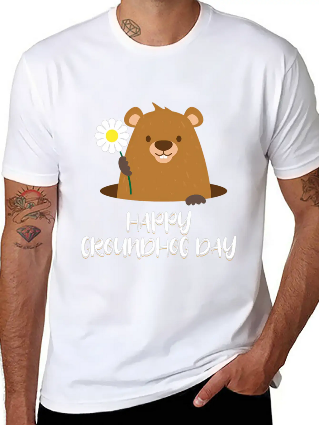 Woodchuck With Flower Happy Groundhog Day Unisex Casual T-Shirt – Clean Design For Daily Comfort