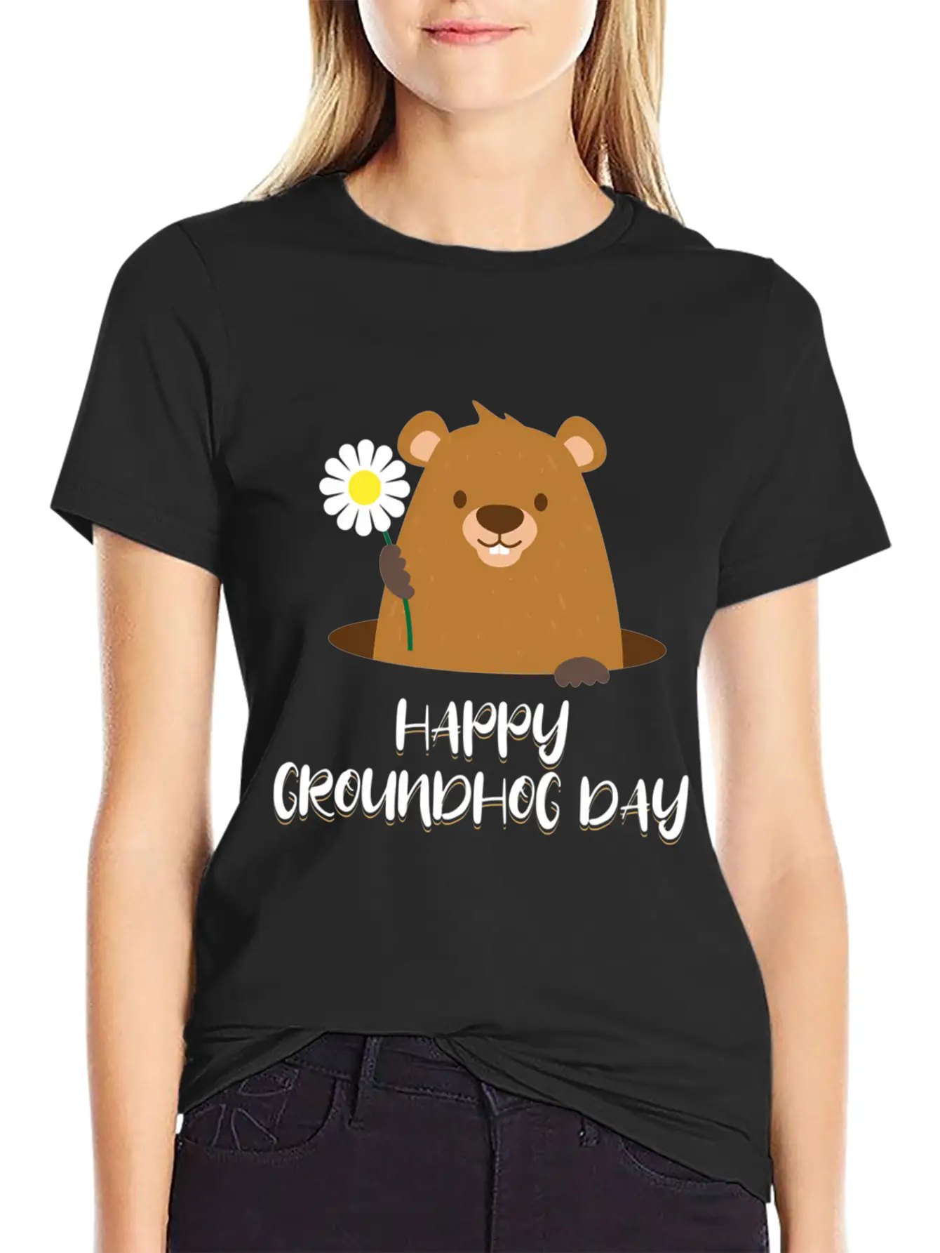 Woodchuck With Flower Happy Groundhog Day Unisex Casual T-Shirt – Clean Design For Daily Comfort