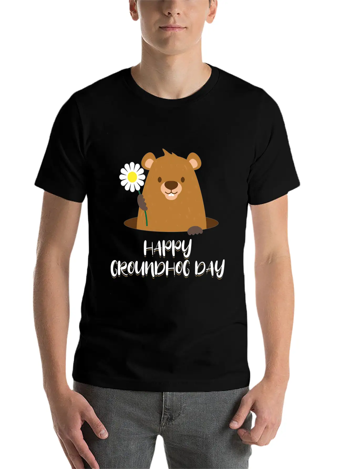 Woodchuck With Flower Happy Groundhog Day Unisex Casual T-Shirt – Clean Design For Daily Comfort