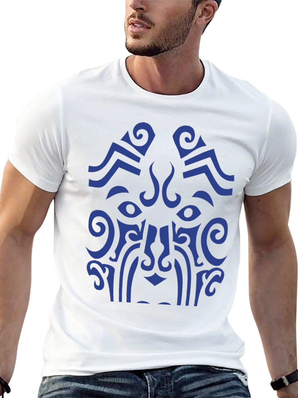 Tribal Art Graphic Tee - Bold Blue Design