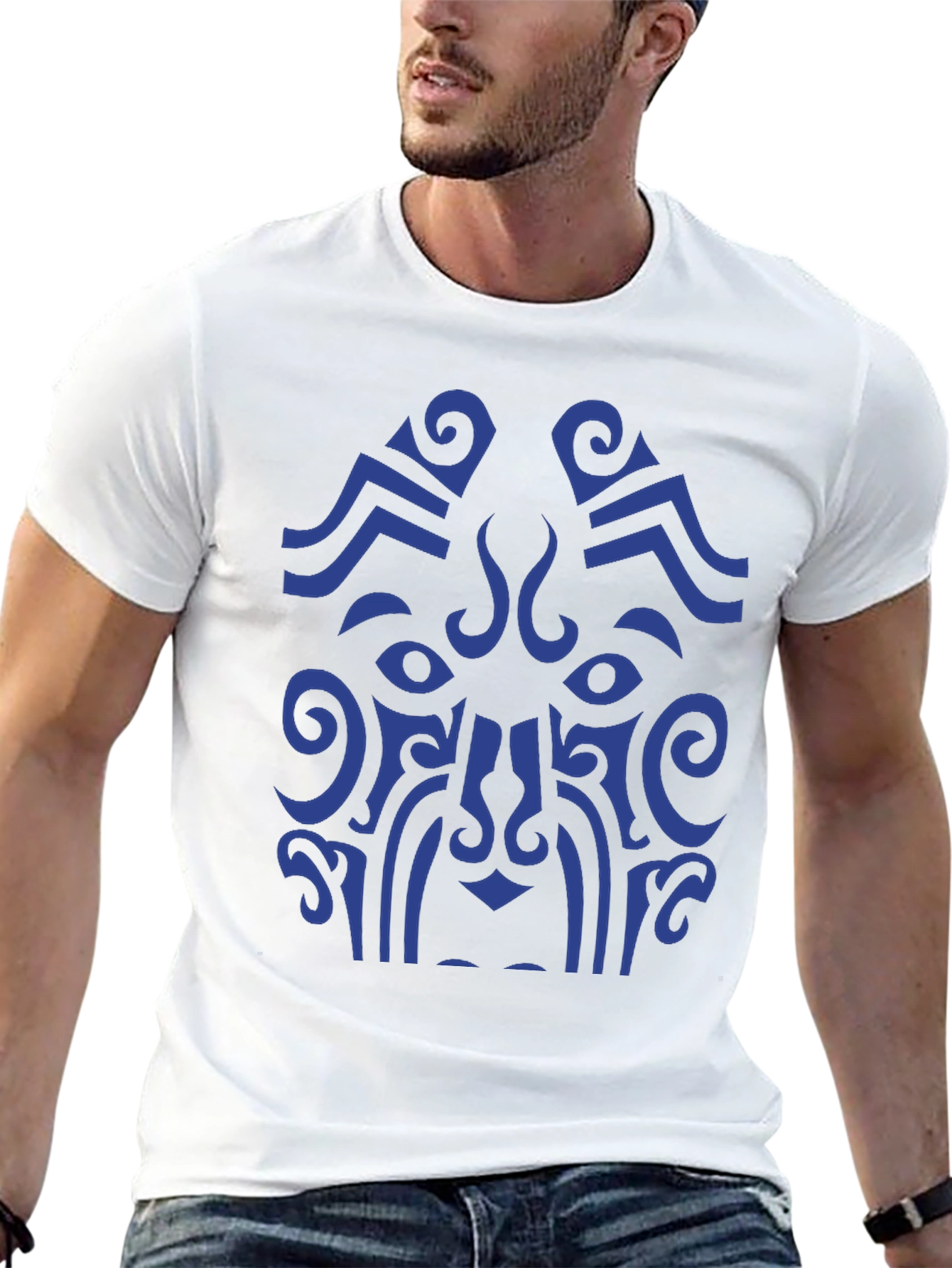 Tribal Art Graphic Tee - Bold Blue Design