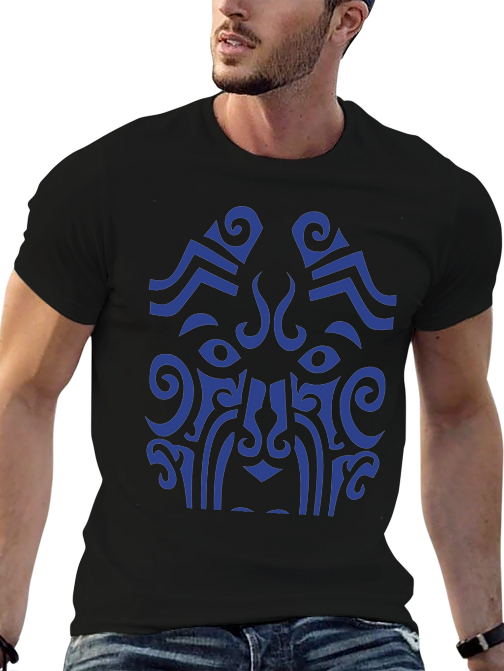Tribal Art Graphic Tee - Bold Blue Design
