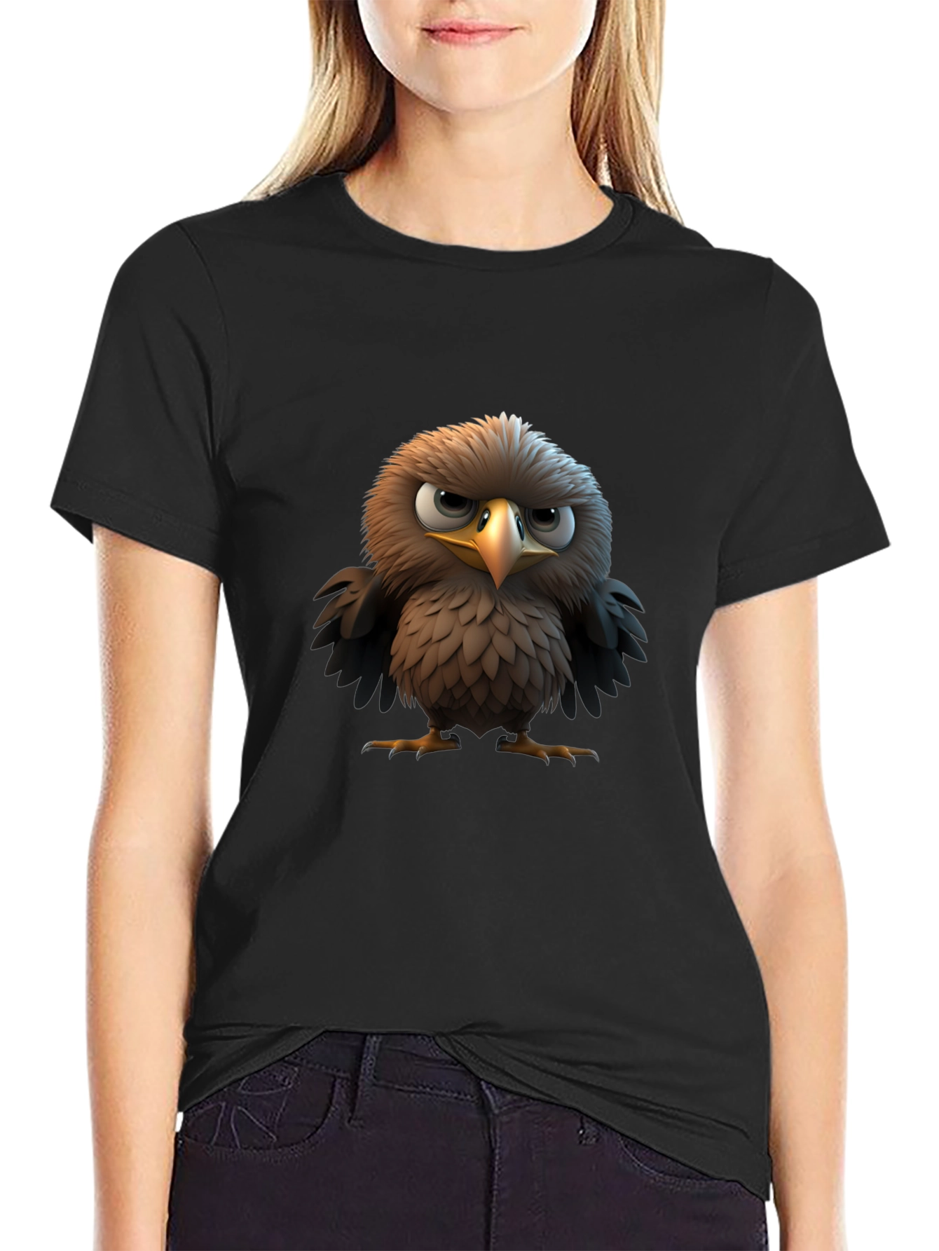 Angry Bird Cartoon Print Black T-Shirt