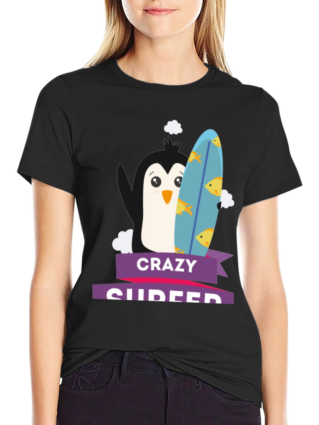 Crazy Surfer Penguin Black T-Shirt