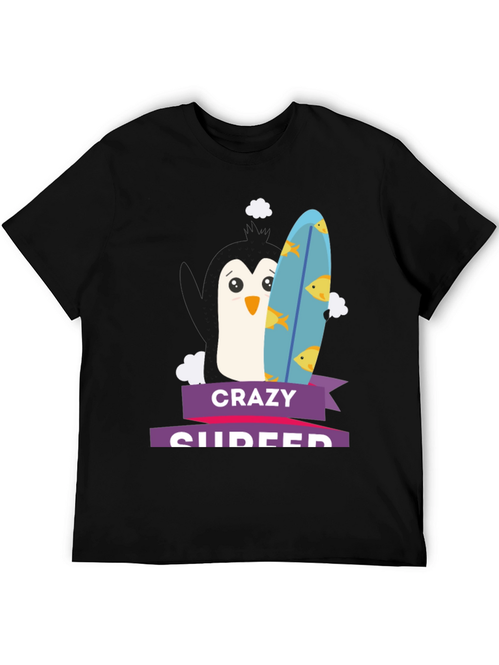 Crazy Surfer Penguin Black T-Shirt