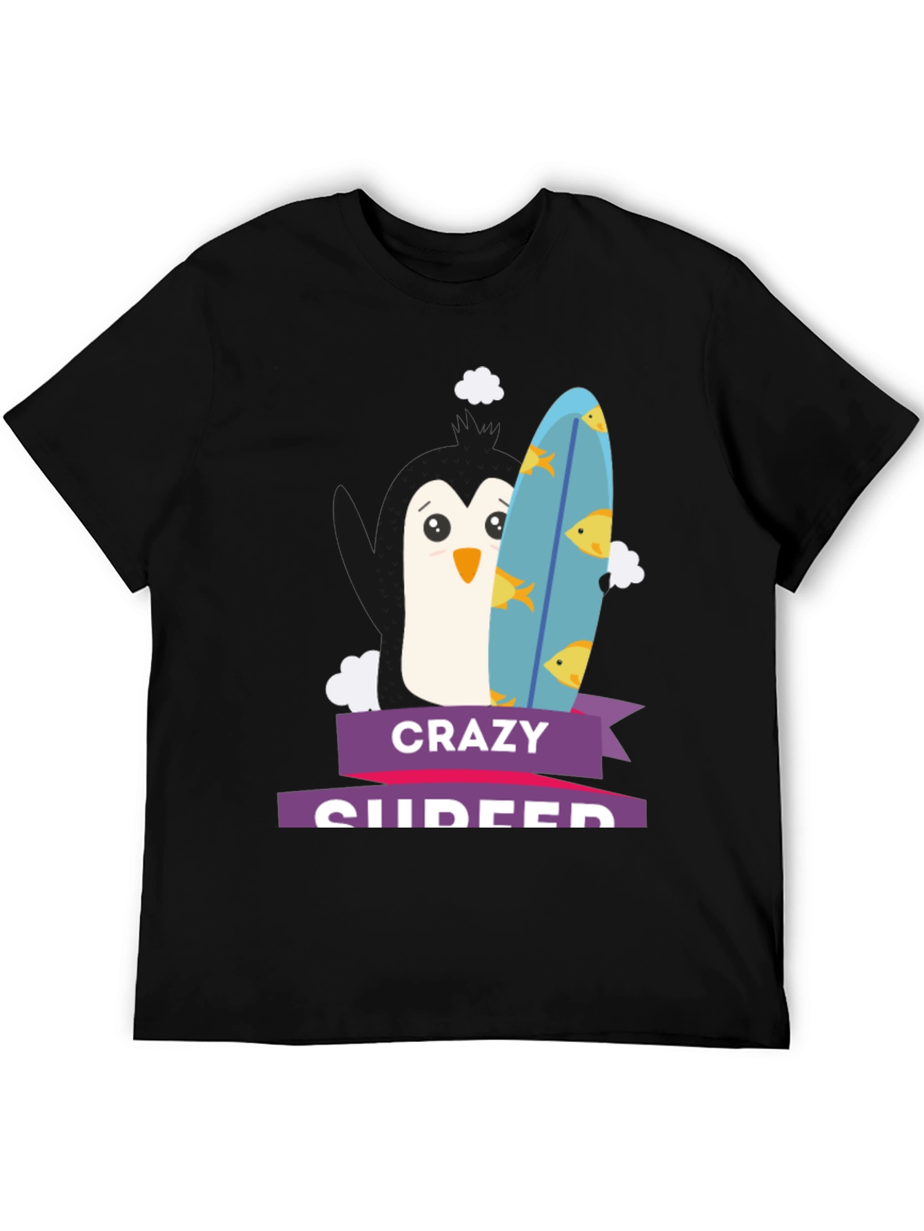 Crazy Surfer Penguin Black T-Shirt