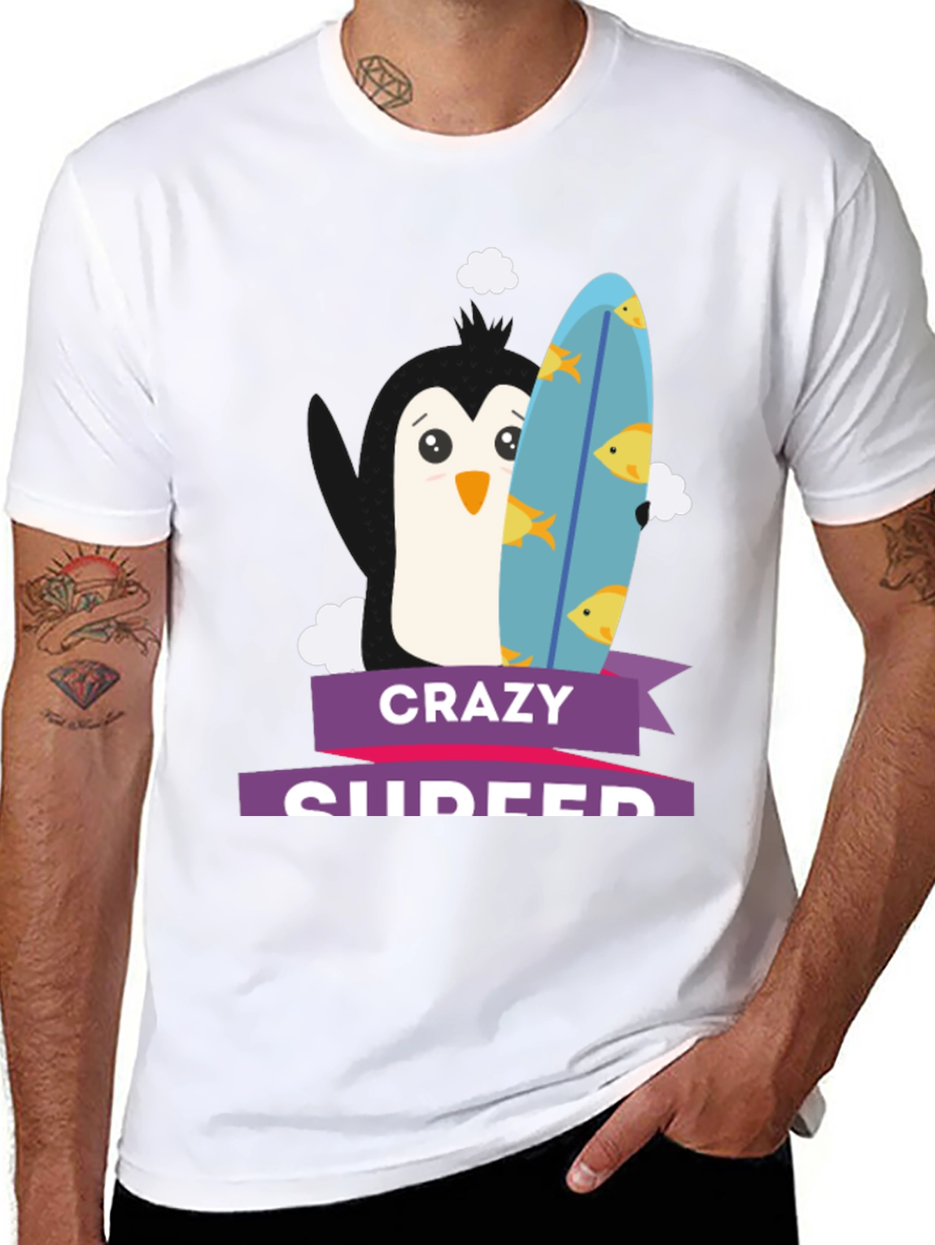 Crazy Surfer Penguin Black T-Shirt
