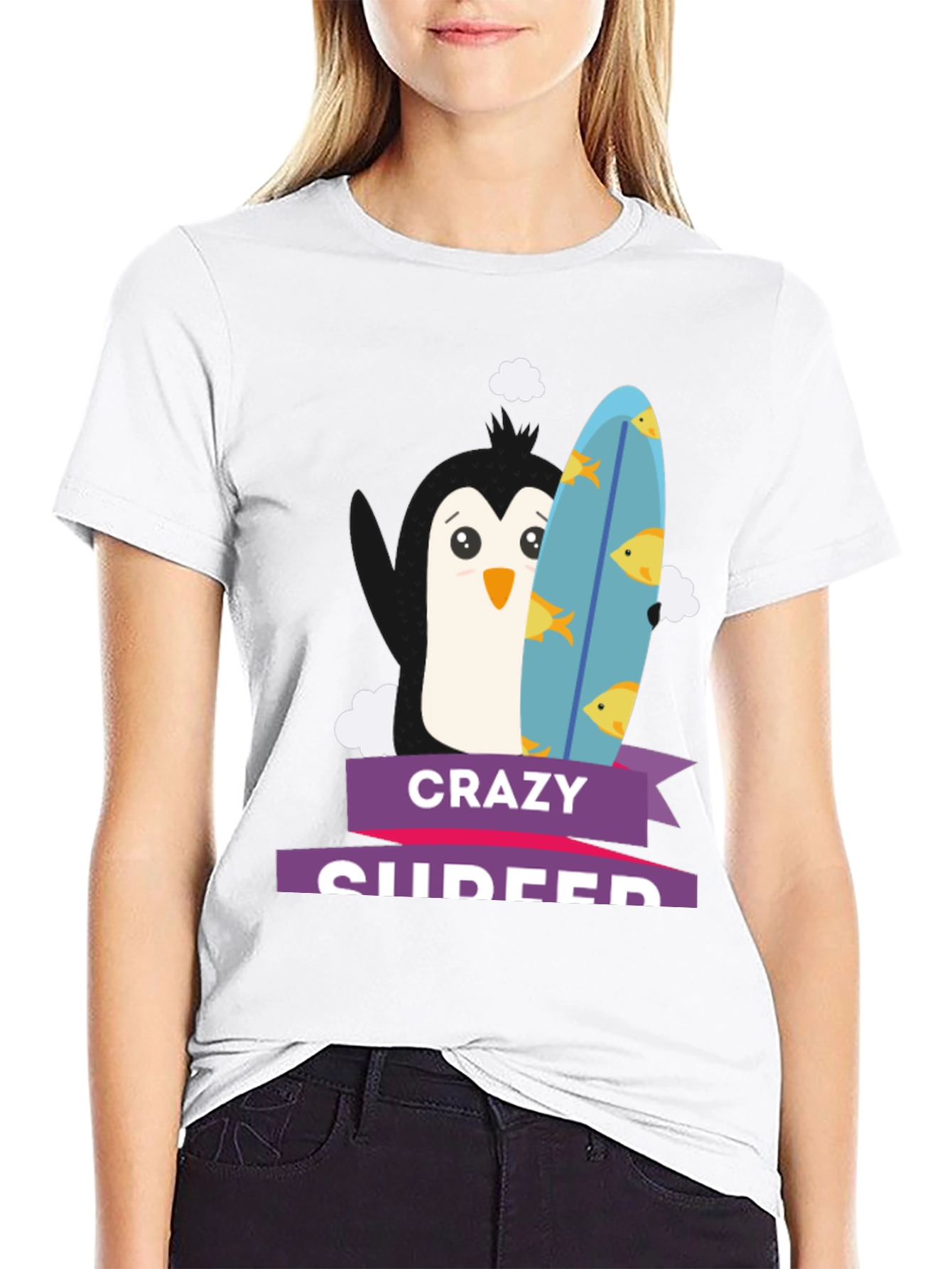 Crazy Surfer Penguin Black T-Shirt