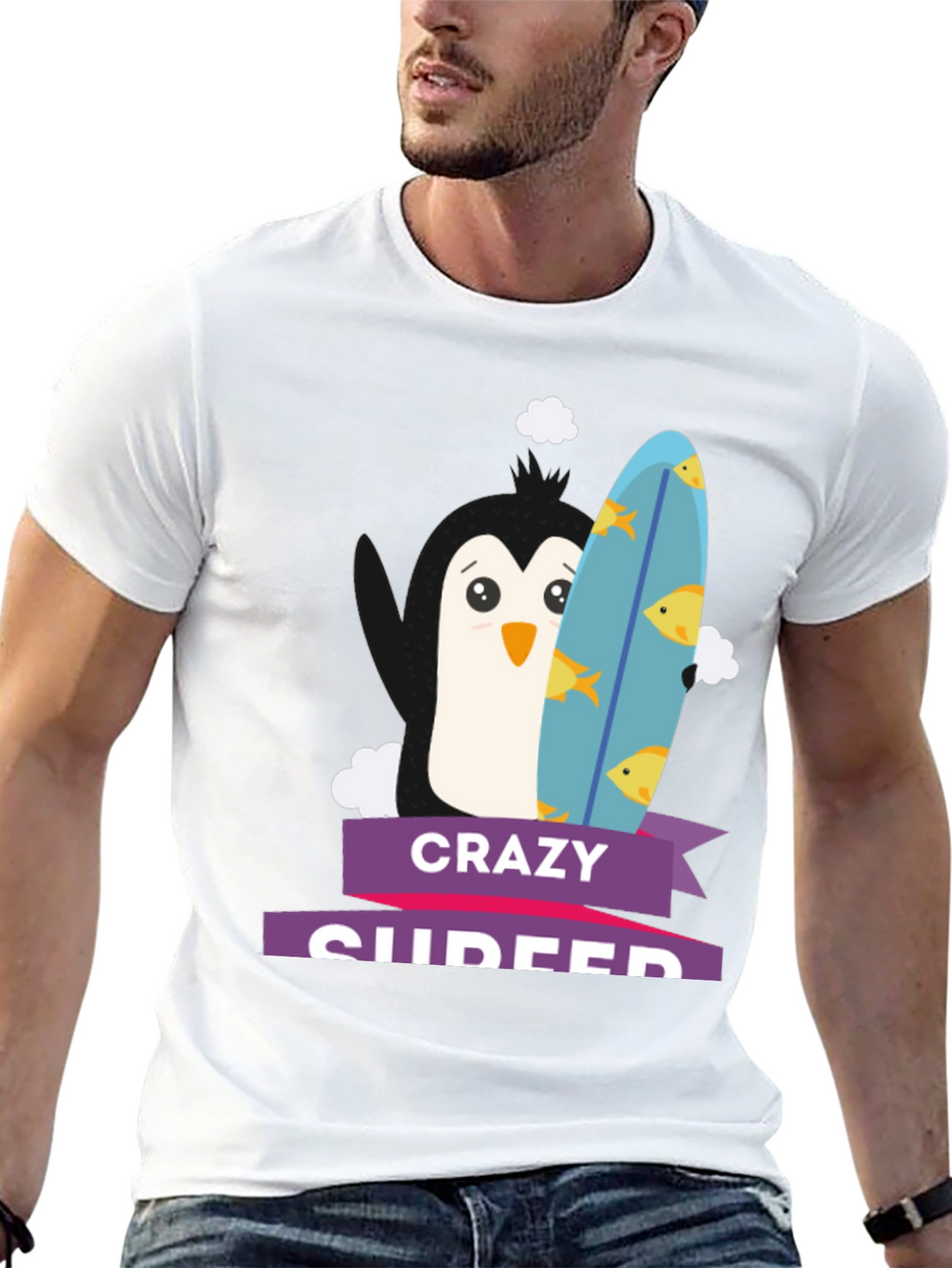 Crazy Surfer Penguin Black T-Shirt