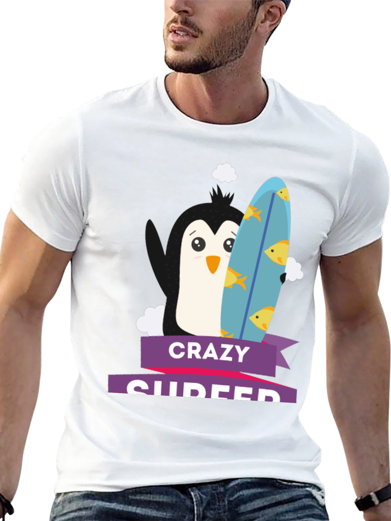 Crazy Surfer Penguin Black T-Shirt