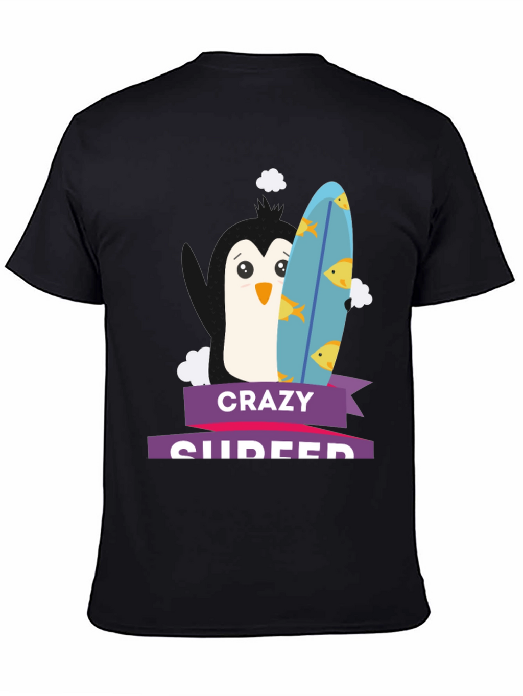 Crazy Surfer Penguin Black T-Shirt