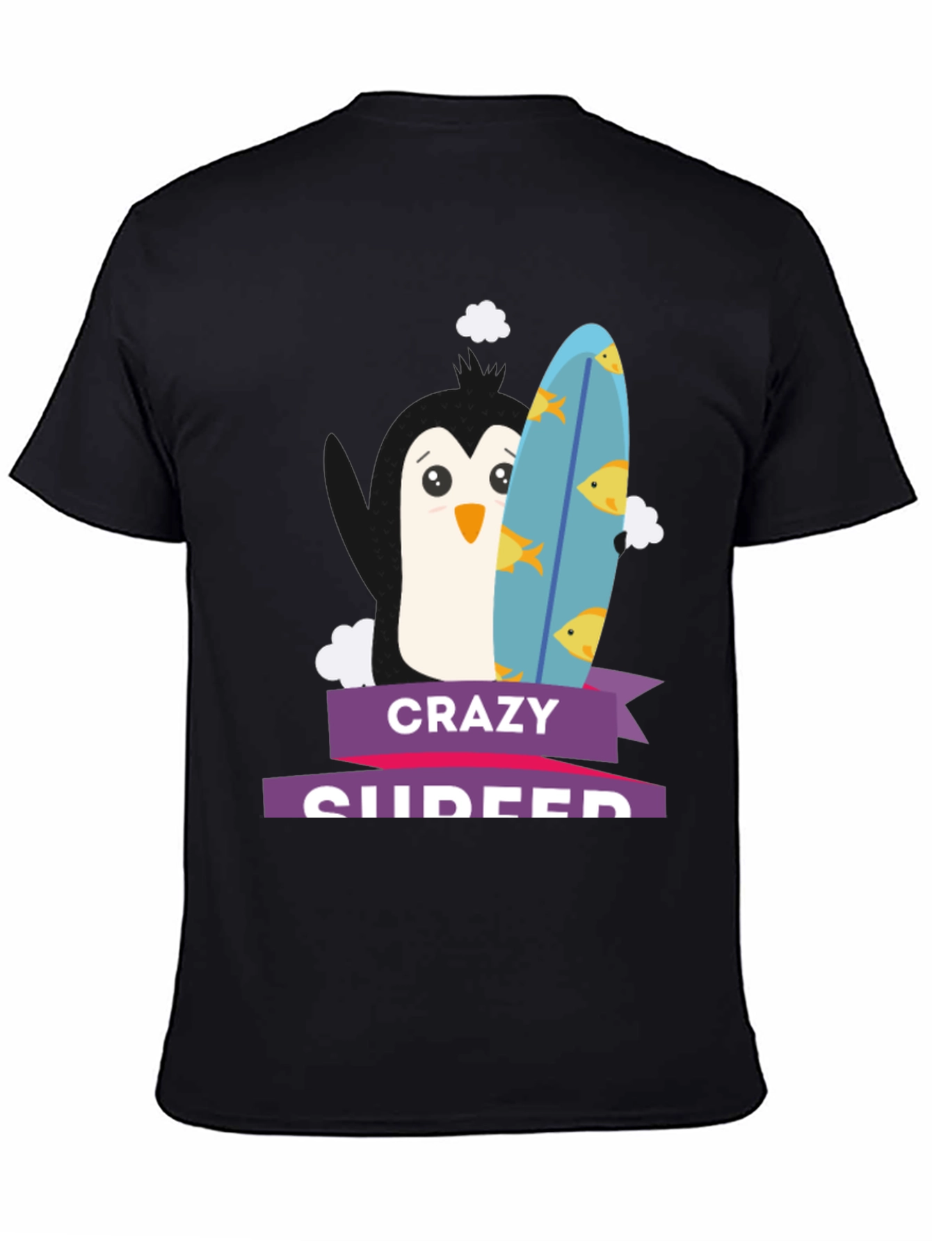 Crazy Surfer Penguin Black T-Shirt
