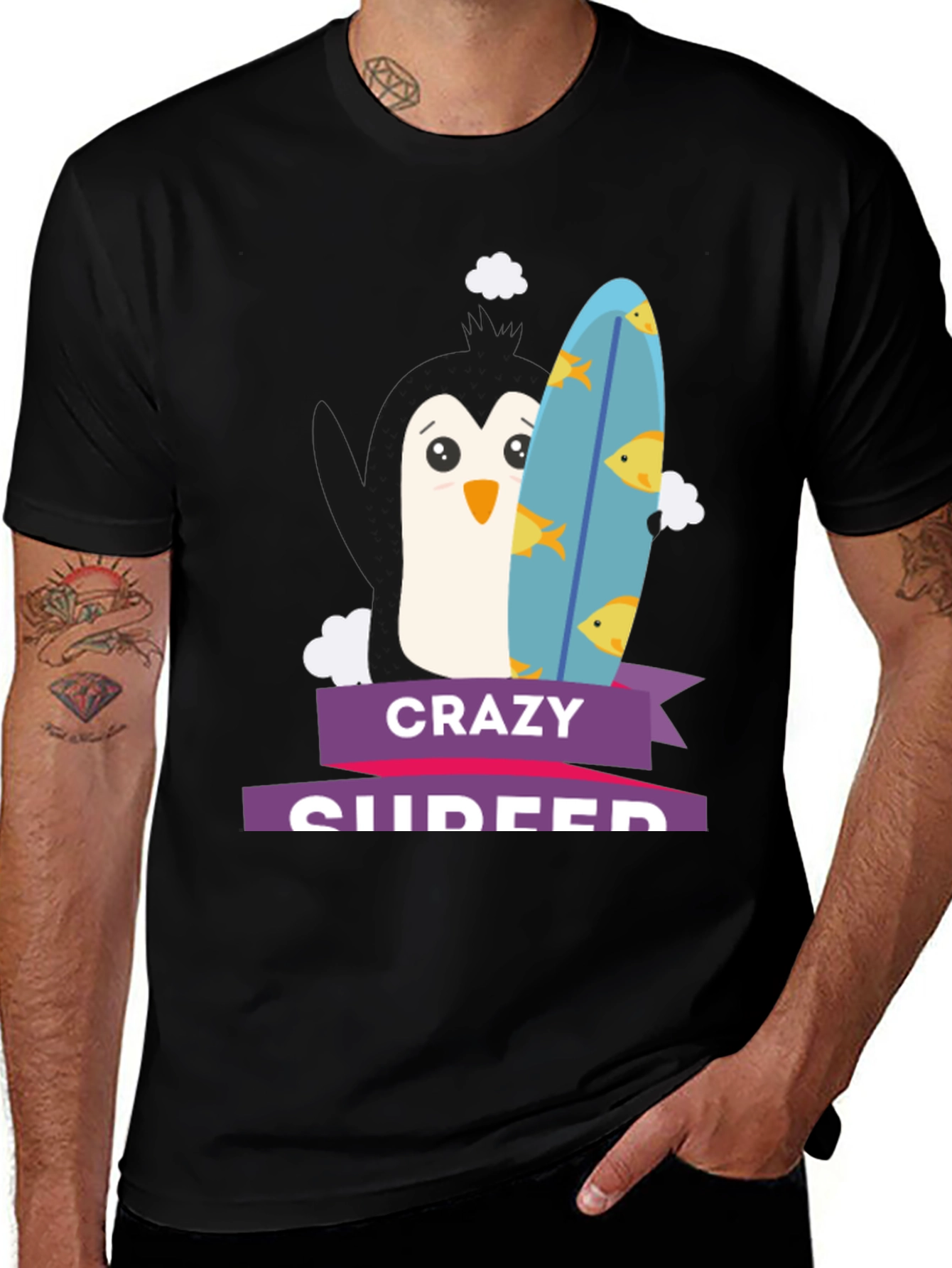 Crazy Surfer Penguin Black T-Shirt