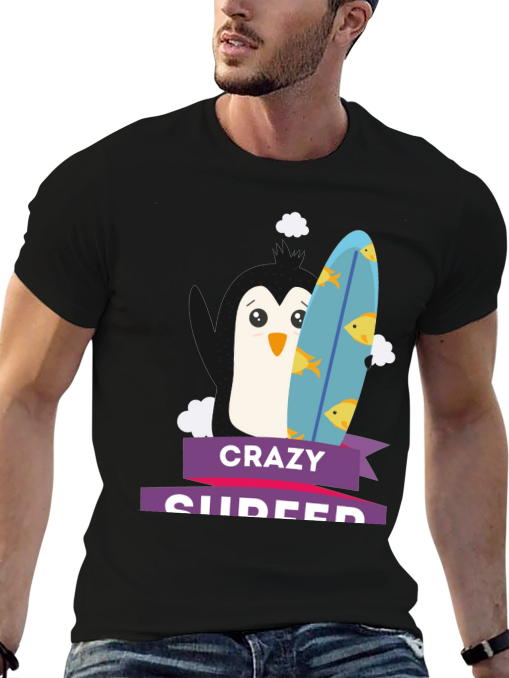 Crazy Surfer Penguin Black T-Shirt