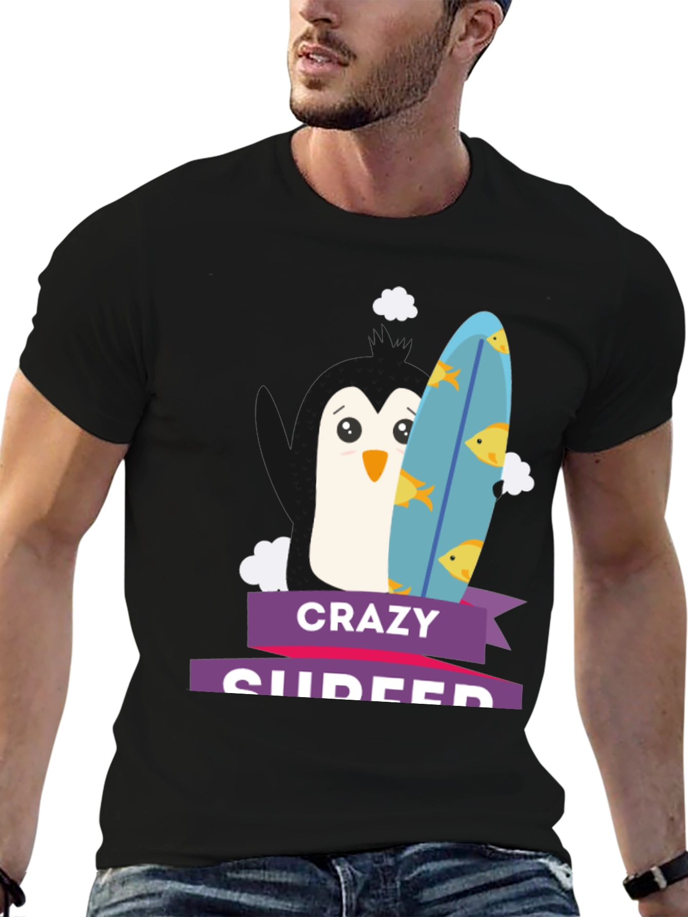 Crazy Surfer Penguin Black T-Shirt