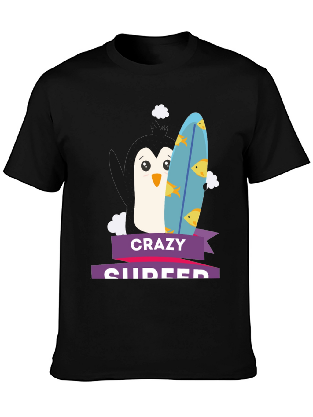 Crazy Surfer Penguin Black T-Shirt