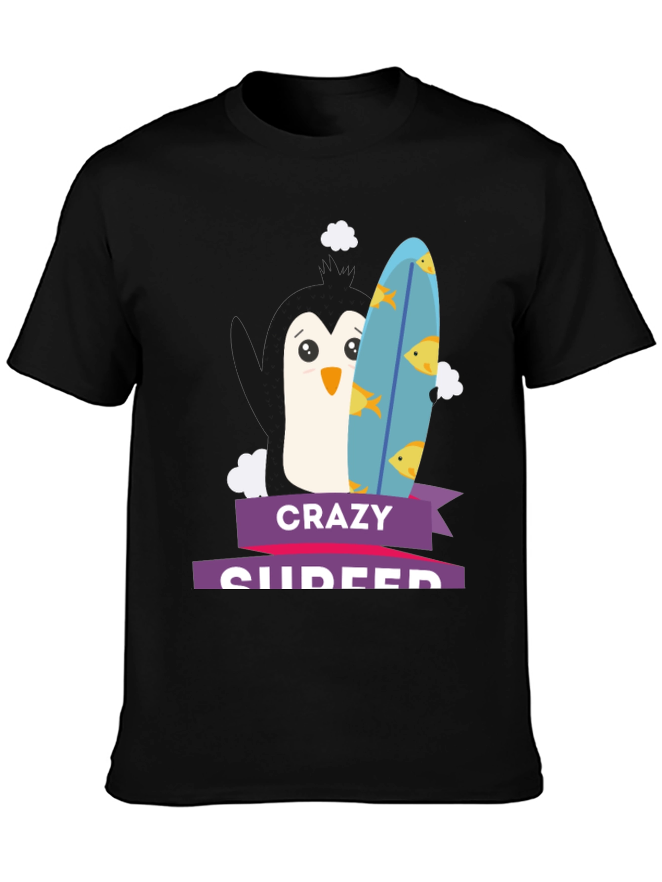 Crazy Surfer Penguin Black T-Shirt