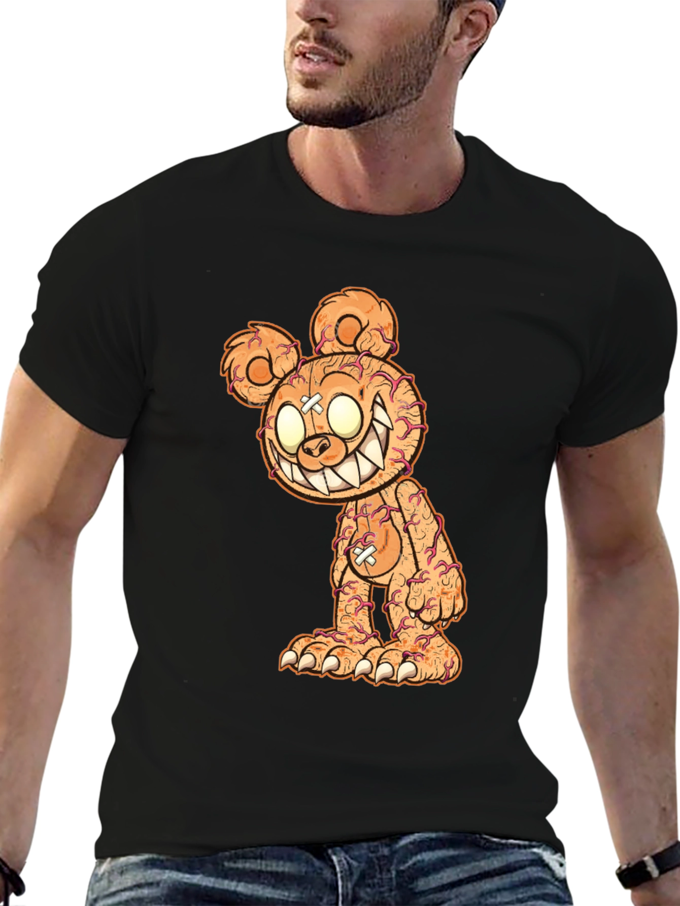 Creepy Bear Graphic Tee - Black Cotton T-Shirt