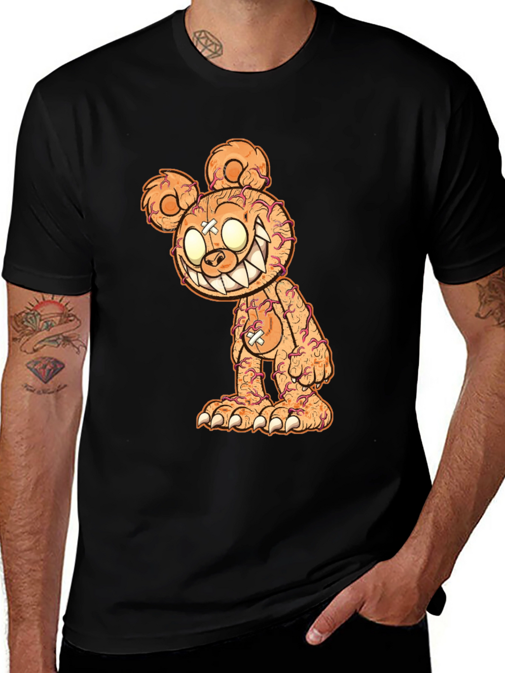 Creepy Bear Graphic Tee - Black Cotton T-Shirt