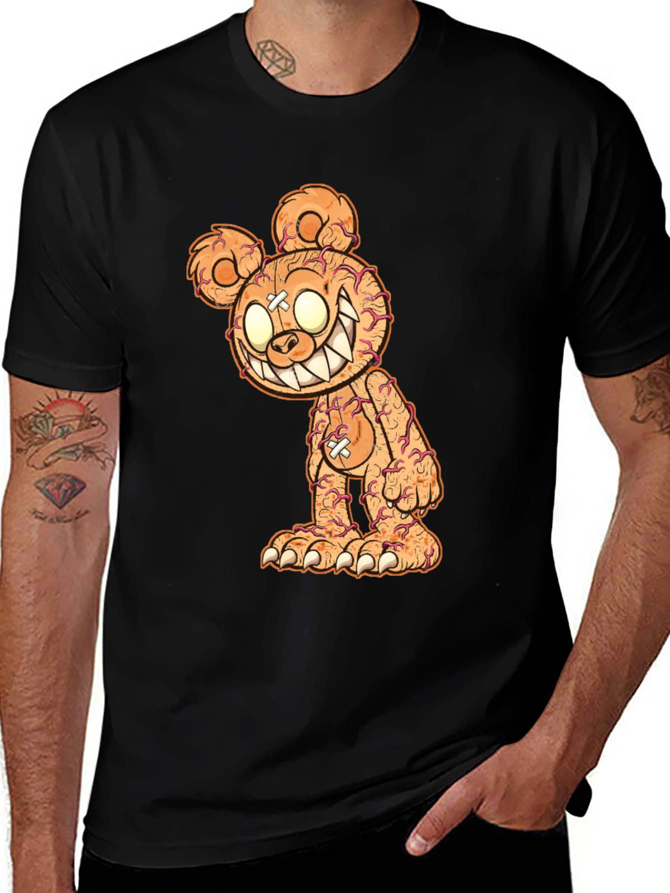 Creepy Bear Graphic Tee - Black Cotton T-Shirt