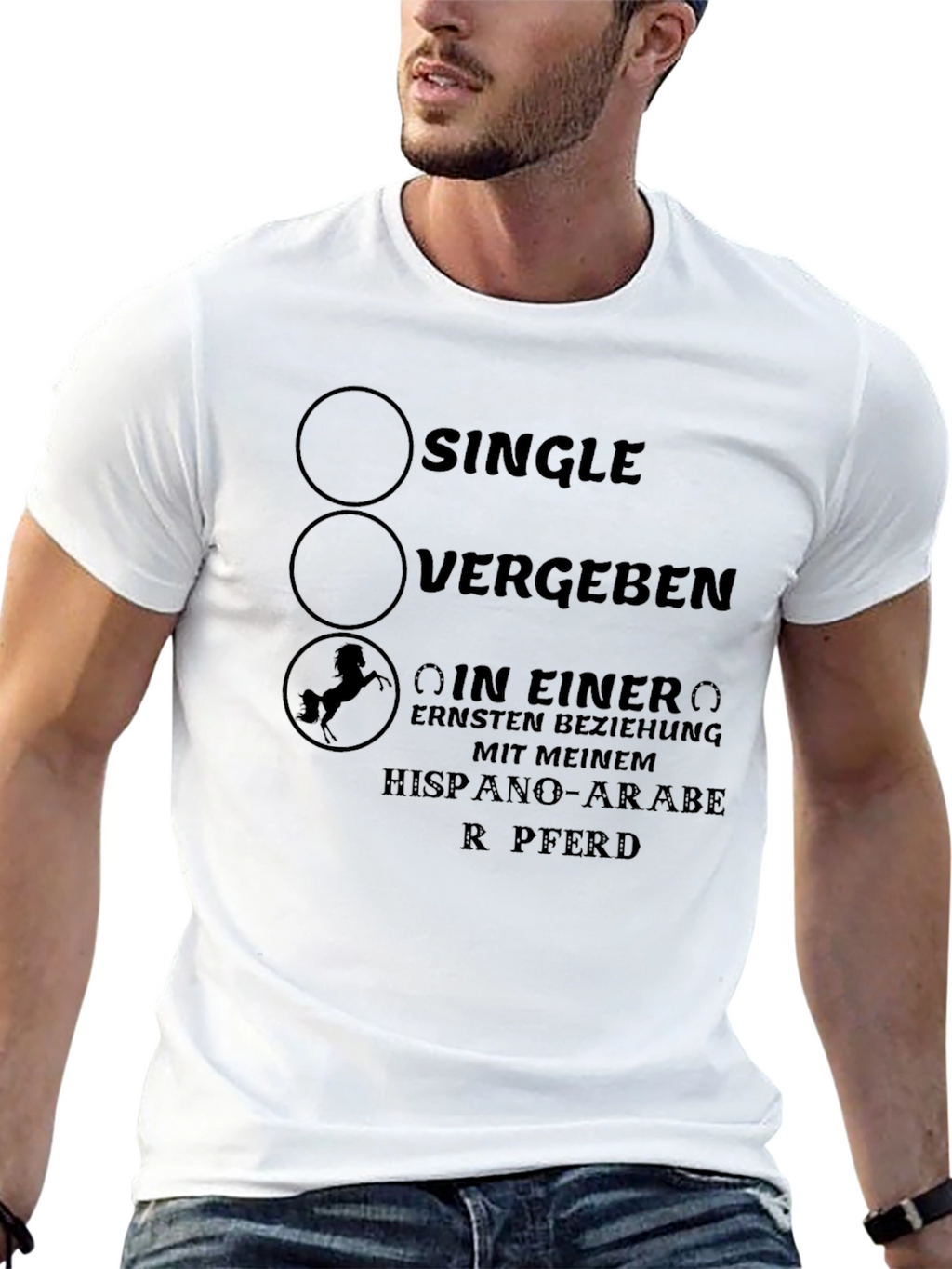 Single? T-Shirt with Horse Design - German Text