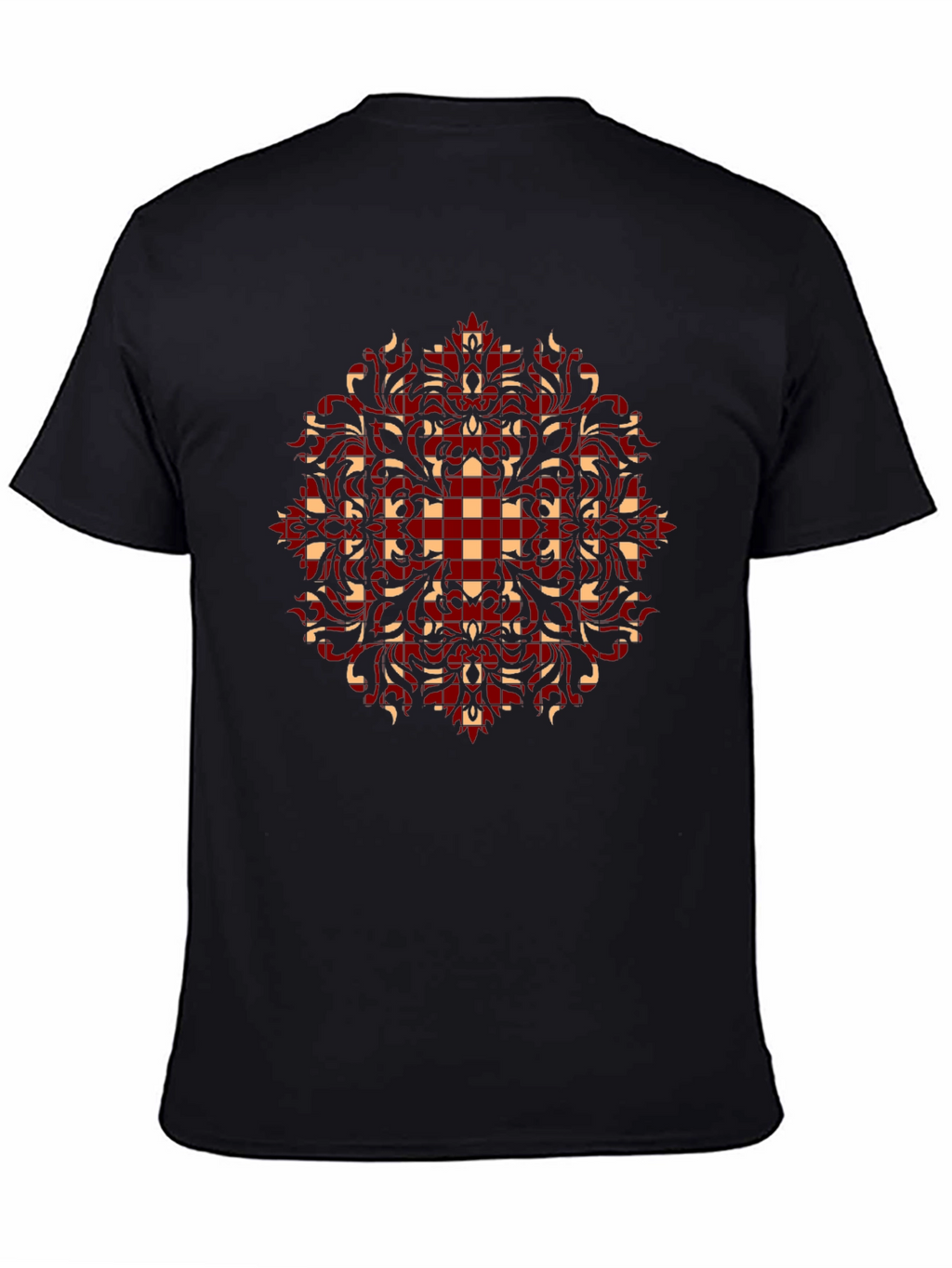 Stylish Black T-Shirt with Red and Beige Pattern