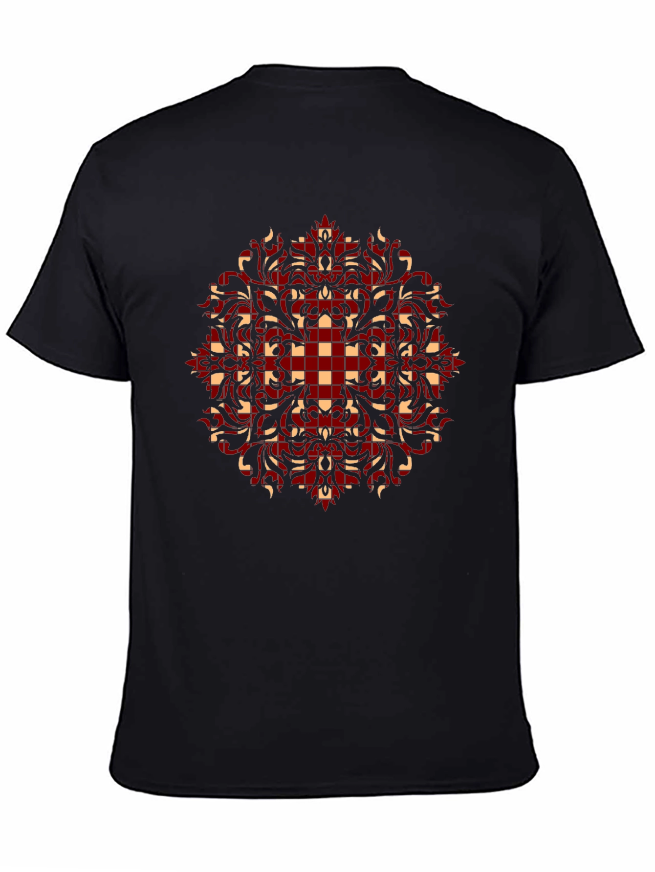 Stylish Black T-Shirt with Red and Beige Pattern