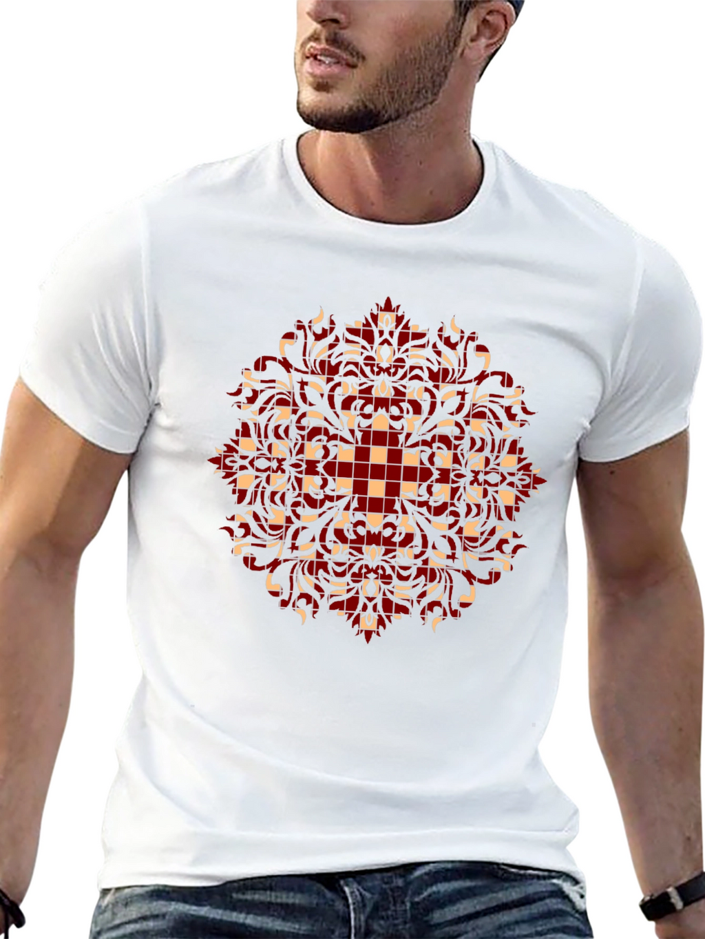 Stylish Black T-Shirt with Red and Beige Pattern