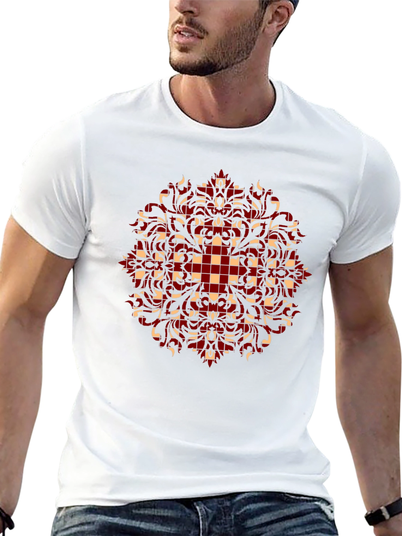 Stylish Black T-Shirt with Red and Beige Pattern