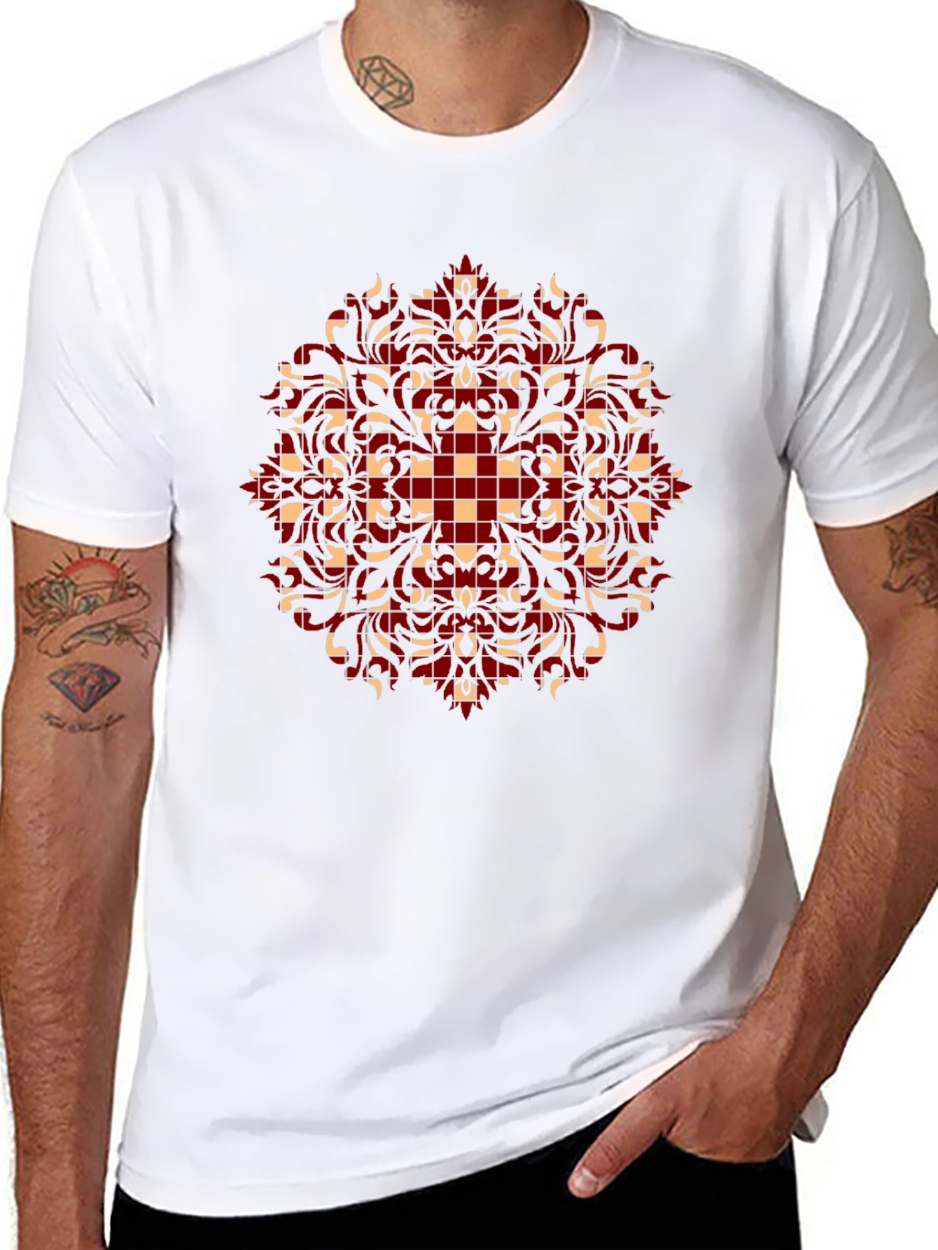 Stylish Black T-Shirt with Red and Beige Pattern