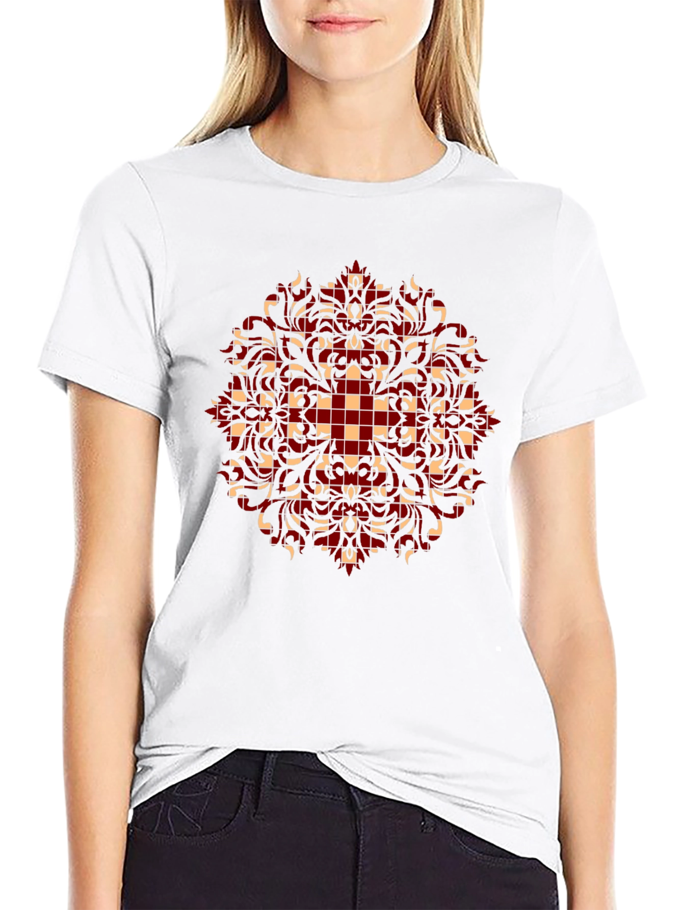 Stylish Black T-Shirt with Red and Beige Pattern