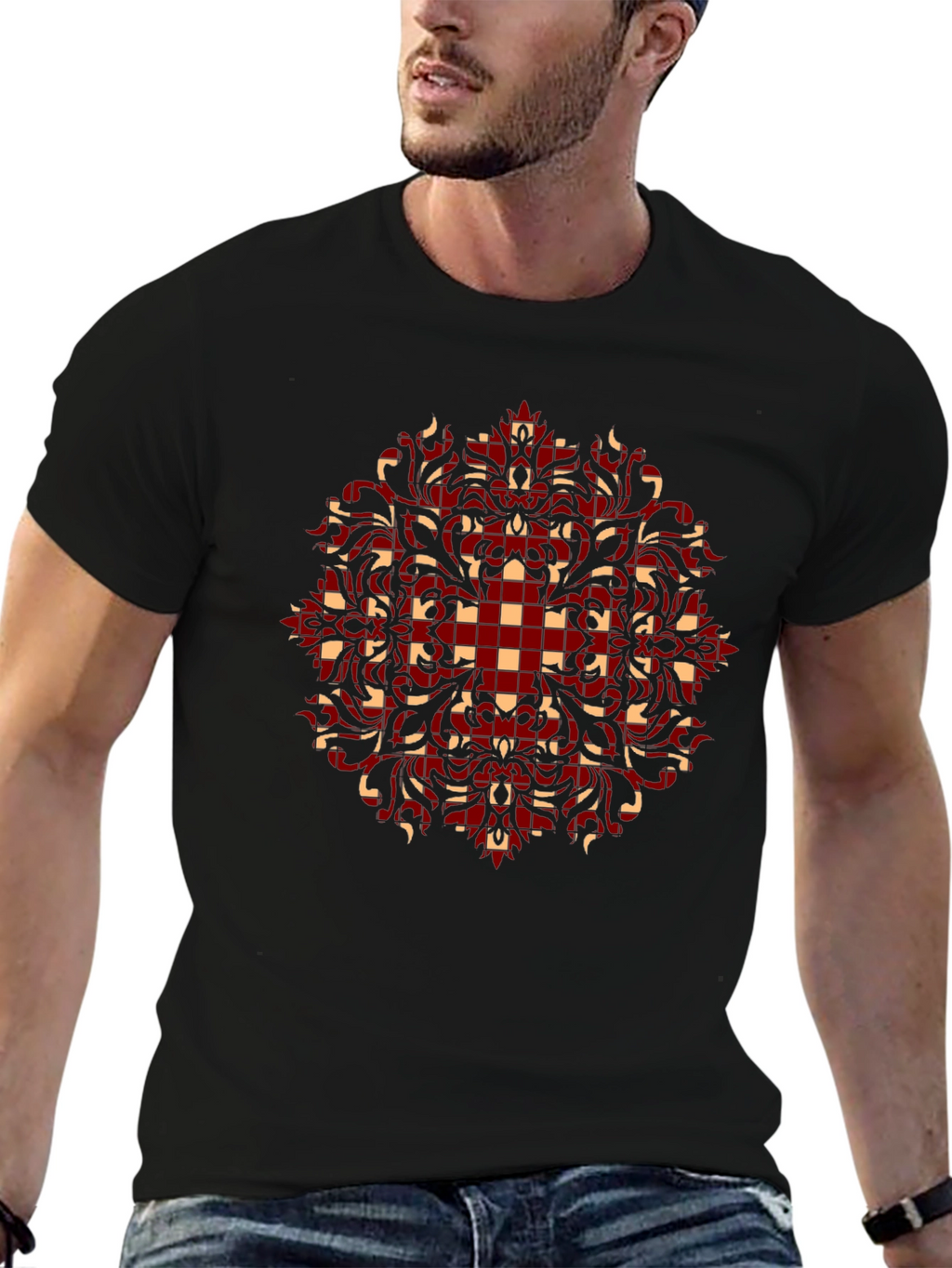 Stylish Black T-Shirt with Red and Beige Pattern