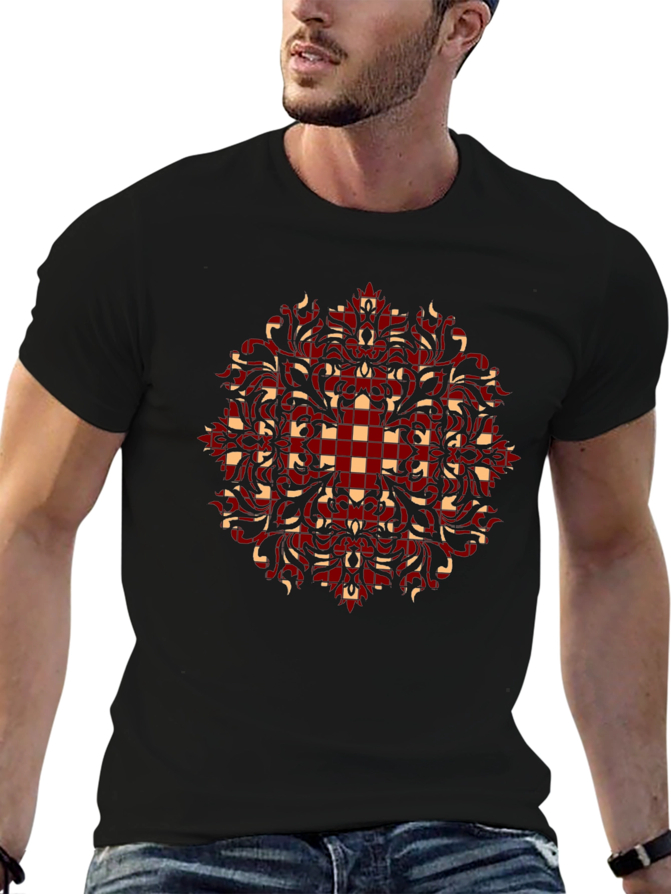 Stylish Black T-Shirt with Red and Beige Pattern