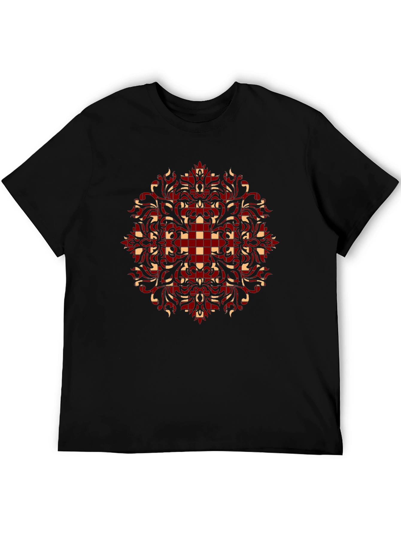 Stylish Black T-Shirt with Red and Beige Pattern