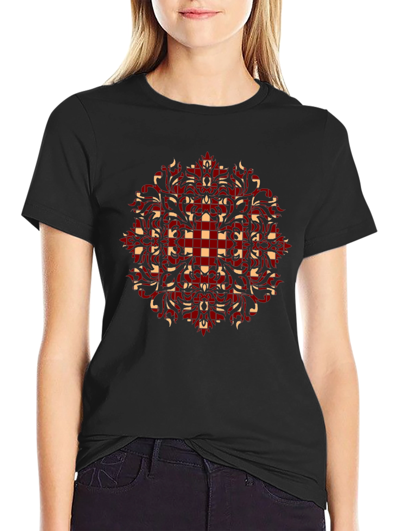 Stylish Black T-Shirt with Red and Beige Pattern