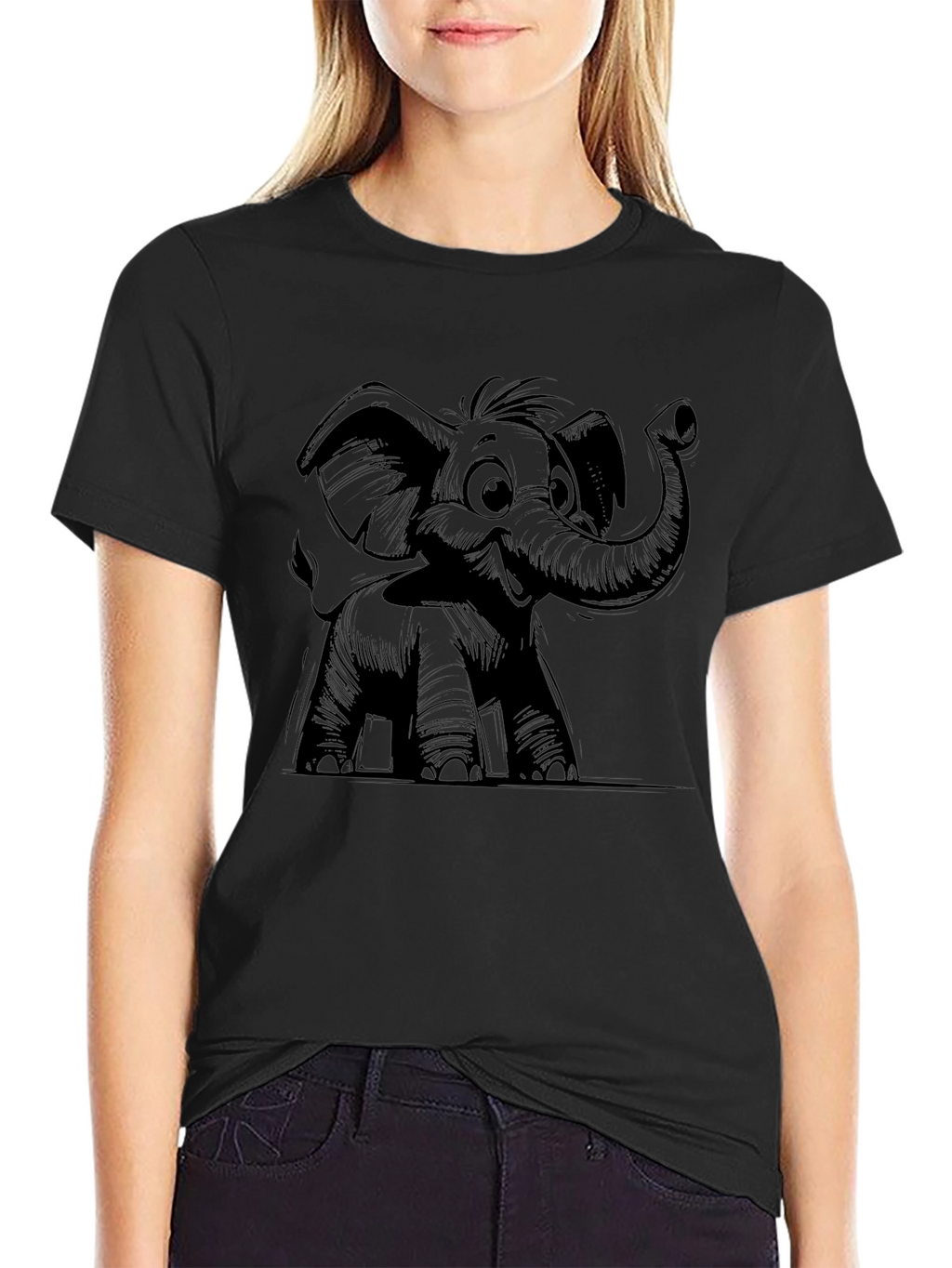 Elephant Cartoon Graphic Tee - Black