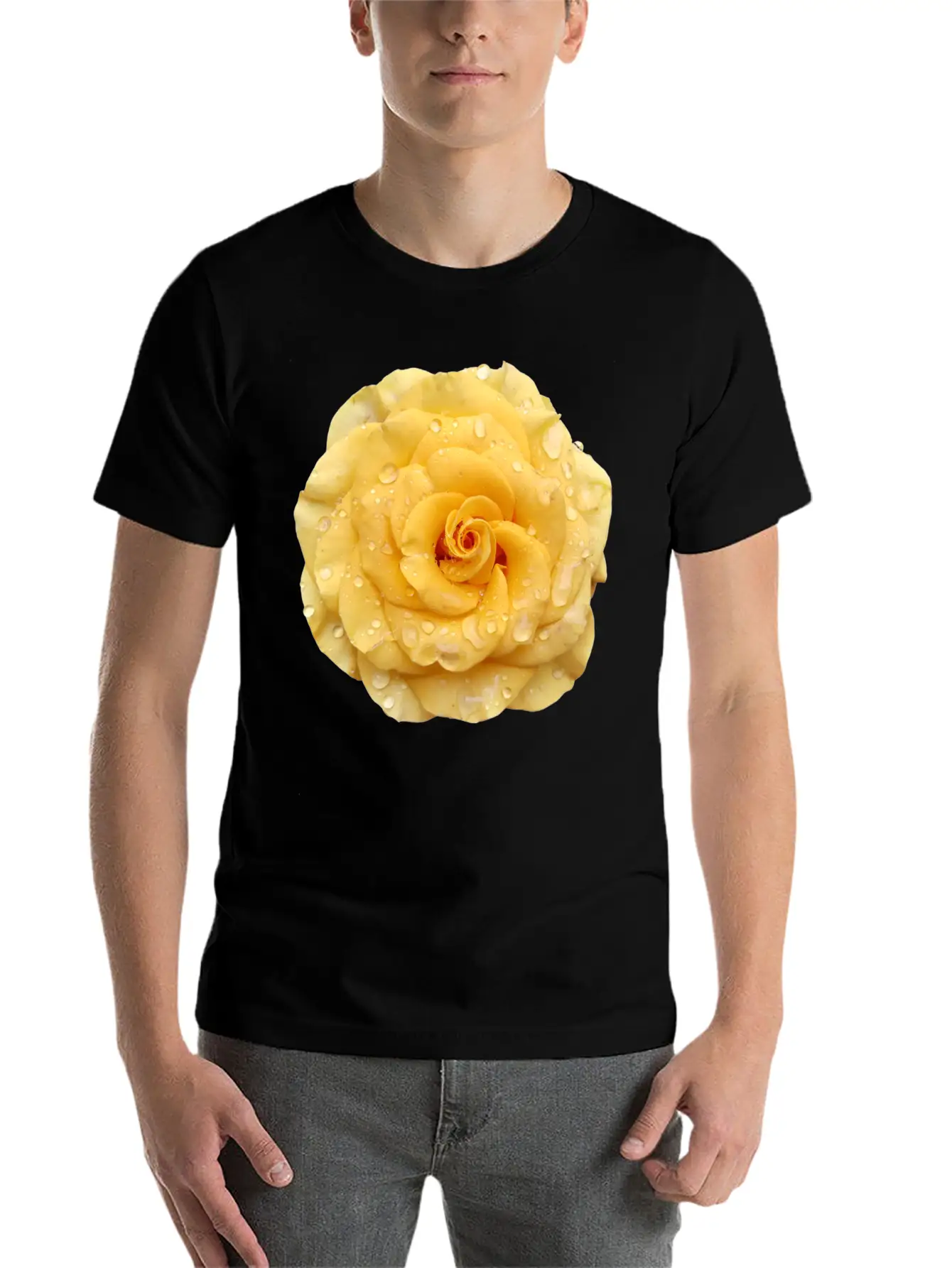 Yellow Rose With Raindrops Casual Graphic T-Shirt – Simple And Comfortable Daily Wear
