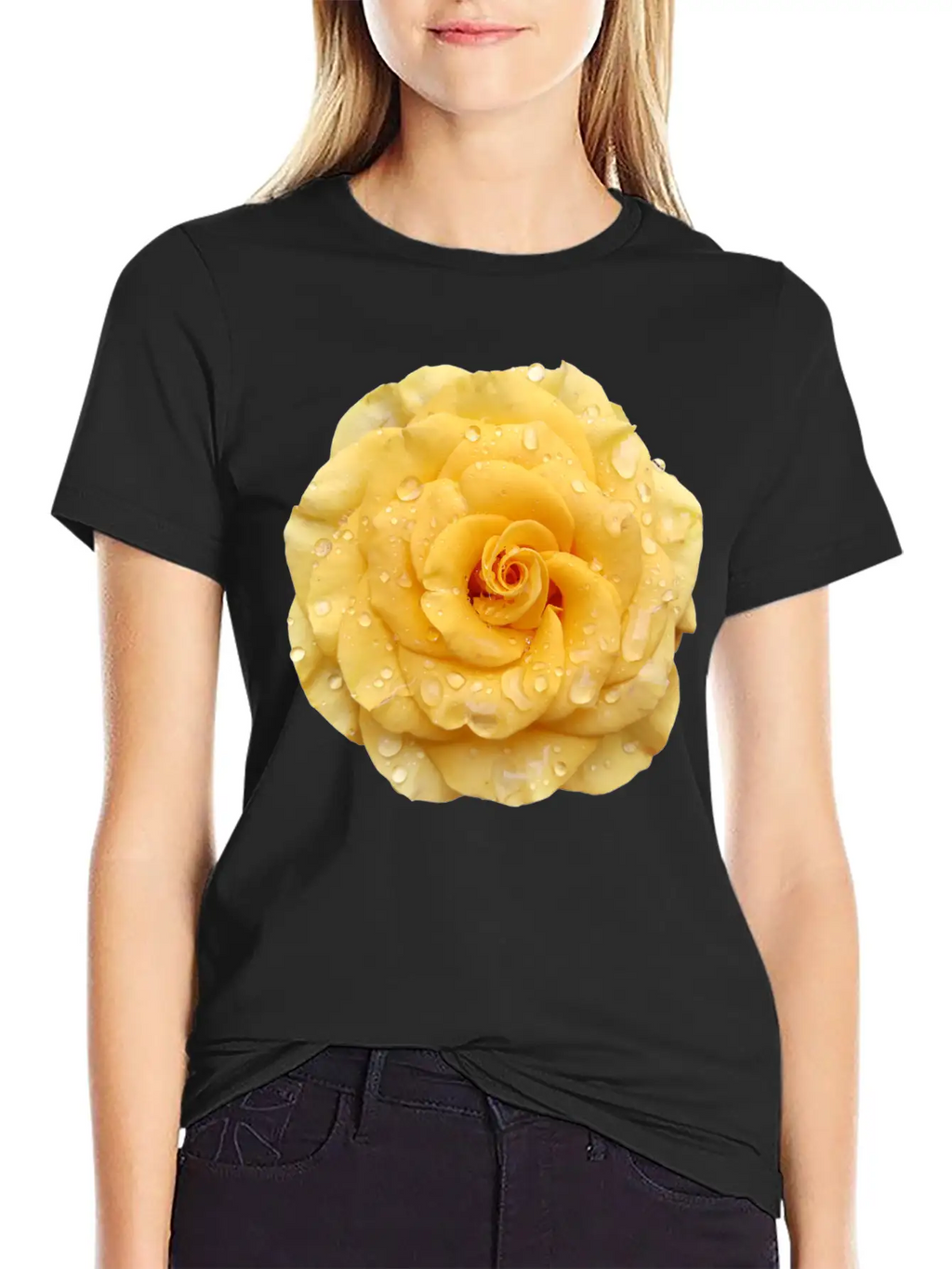 Yellow Rose With Raindrops Casual Graphic T-Shirt – Simple And Comfortable Daily Wear
