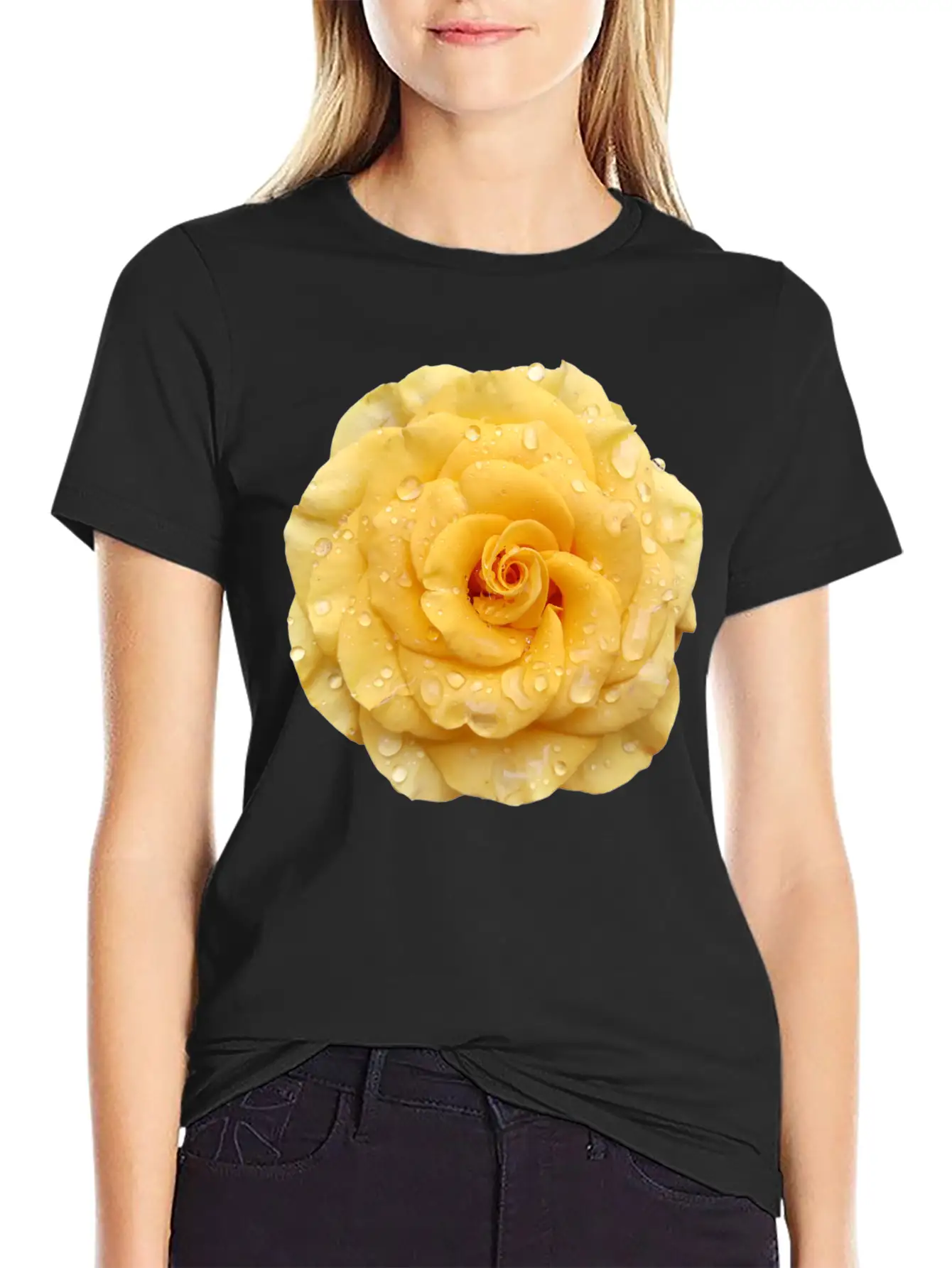 Yellow Rose With Raindrops Casual Graphic T-Shirt – Simple And Comfortable Daily Wear